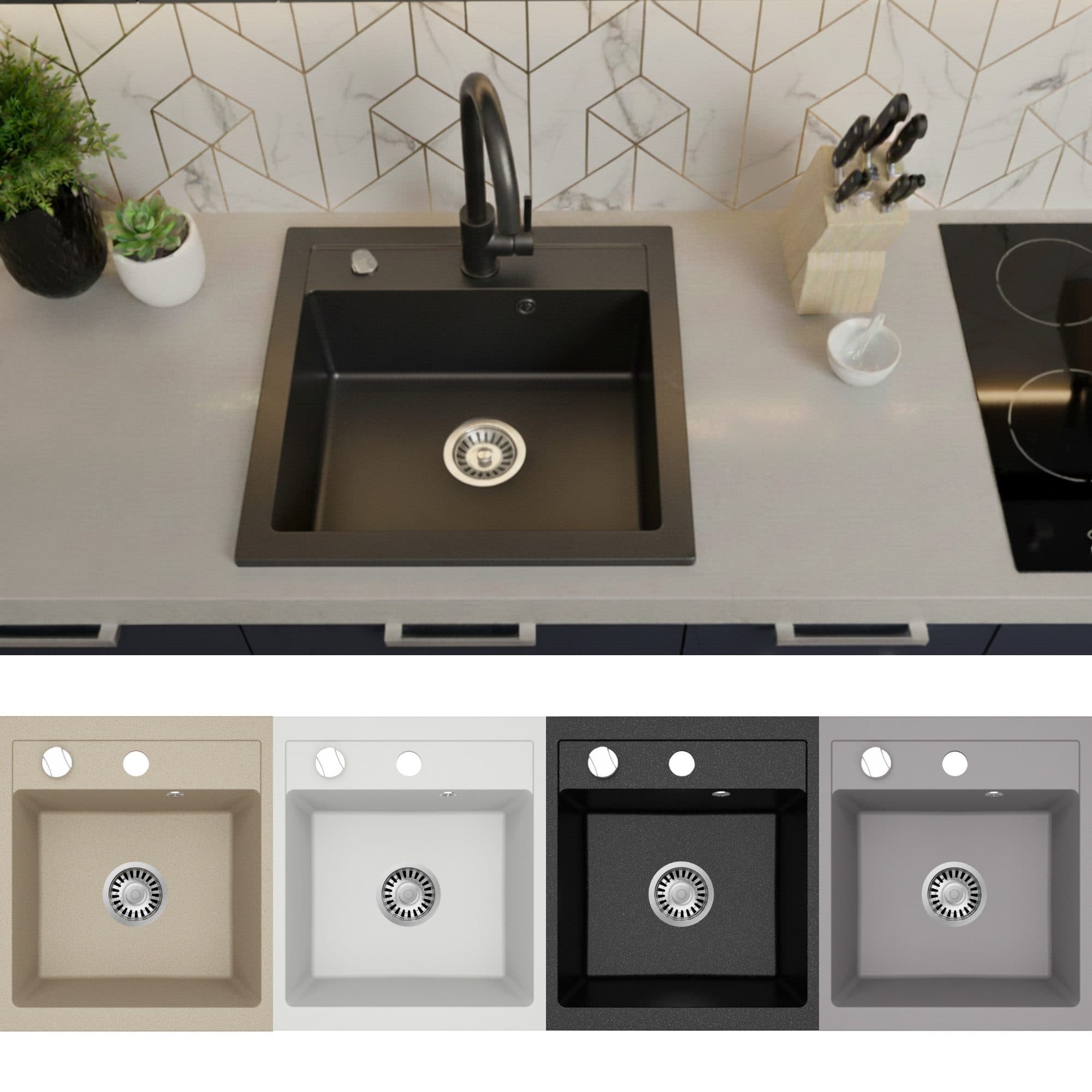 Faizee Möbel Granitspüle Einbauspüle mit Armatur und Siphon - Bild 2