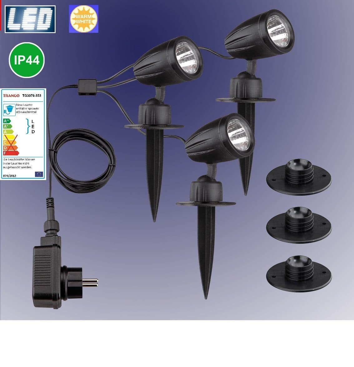 TRANGO LED Gartenstrahler 3-flammig IP44 Schwarz ABS-Kunststoff - Bild 2