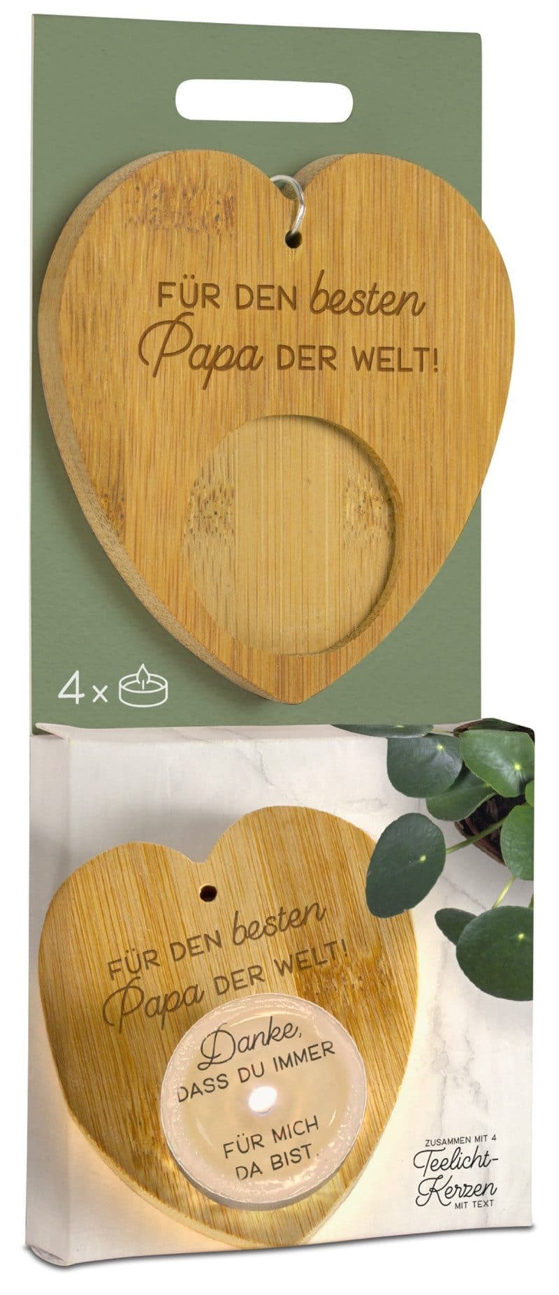 formano Teelichthalter Magic Kerze bester Papa Bambus-Holz-Herz 4 Teelichter