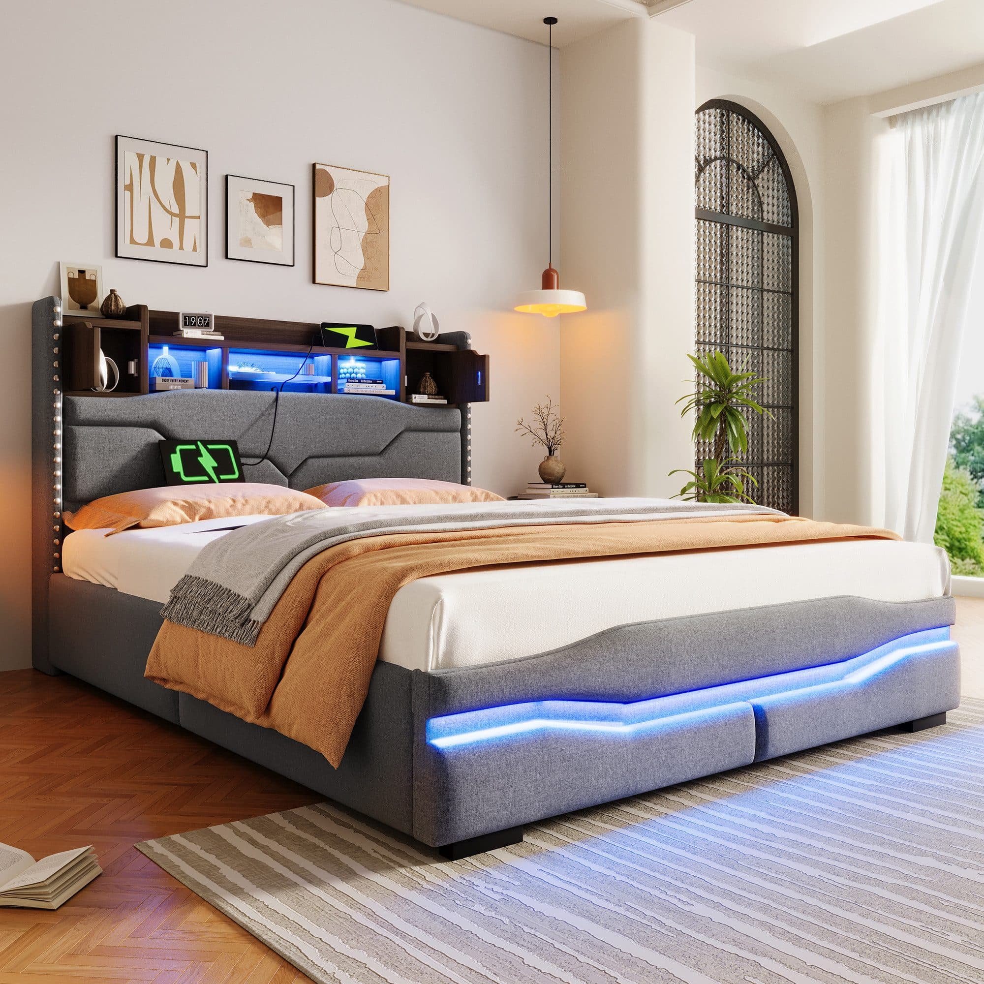 TavilaEcon Boxspringbett Polsterbett LED-Licht Ladestation Grau - Bild 2