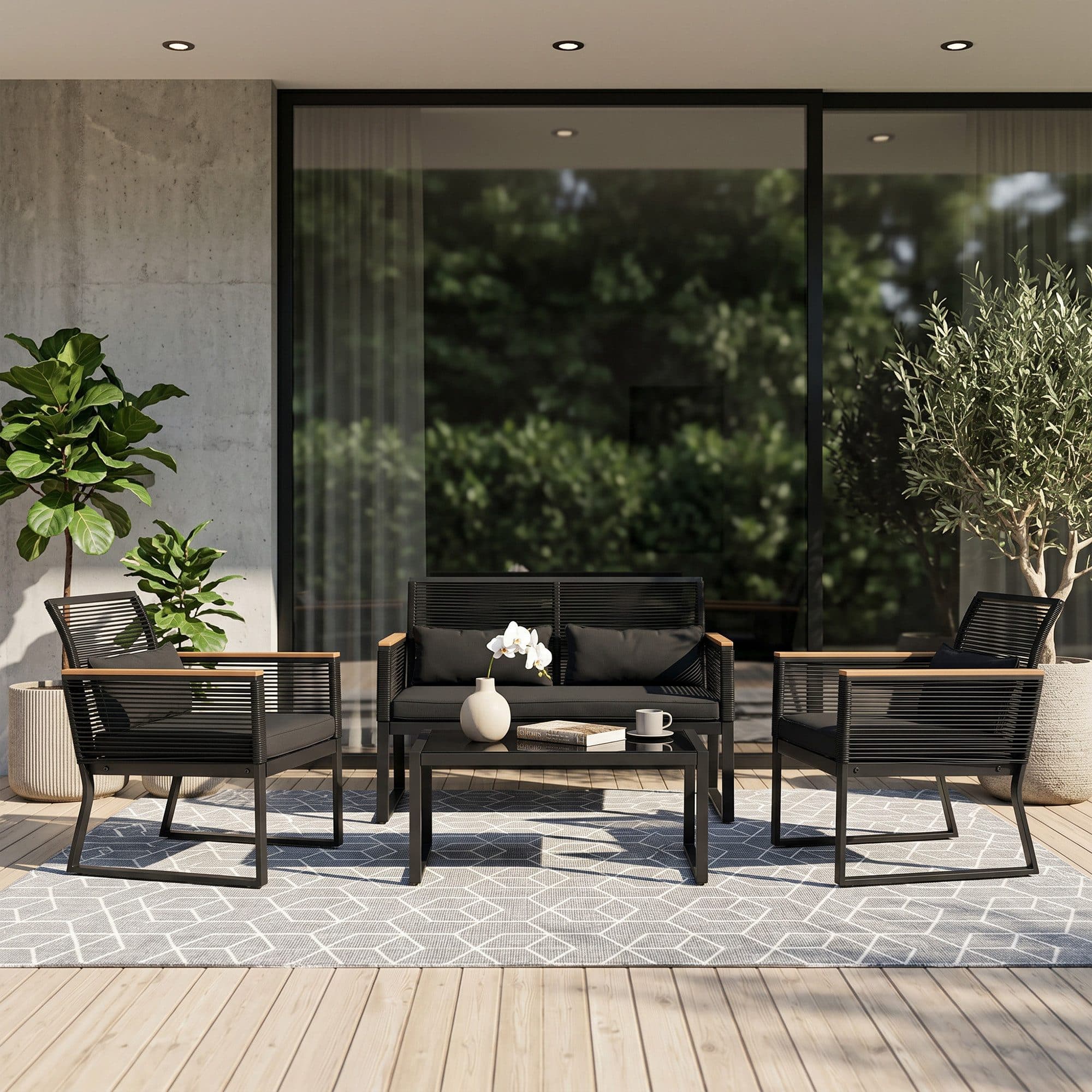 JOIVI Gartenlounge-Set 4 tlg - Rattan Sitzgruppe Schwarz - Bild 2