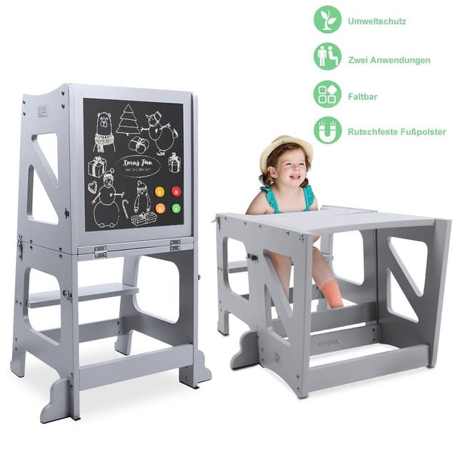 YOLEO Kinderstuhl 2 in 1 Lernturm Tritthocker Grau/Weiß Holzwerkstoff