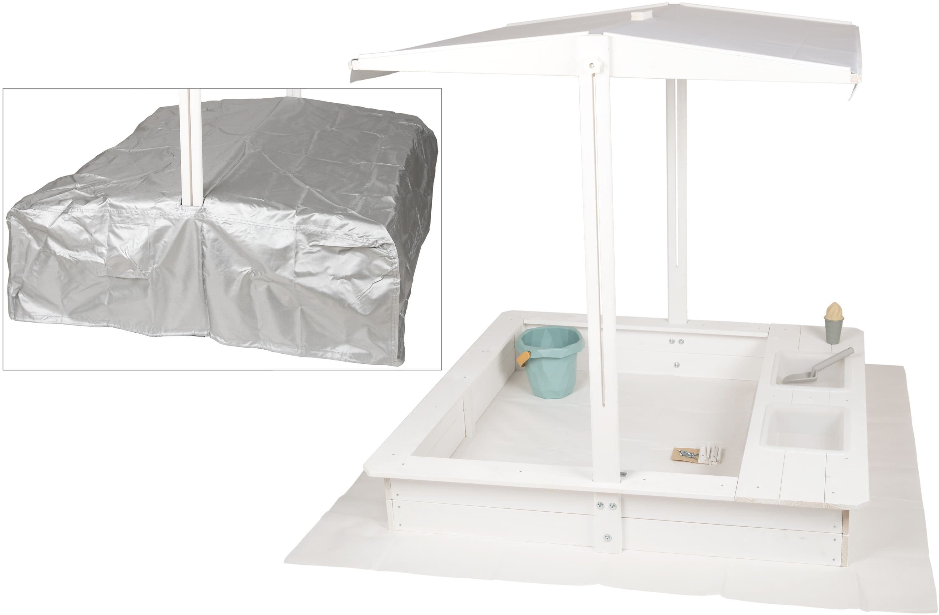 WONDERMAKE Sandkasten mit Abdeckung, 2x Matschküche, Boden Vlies, Holz, quadratisch, verschließbar, Outdoor, weiß, silber - Bild 2