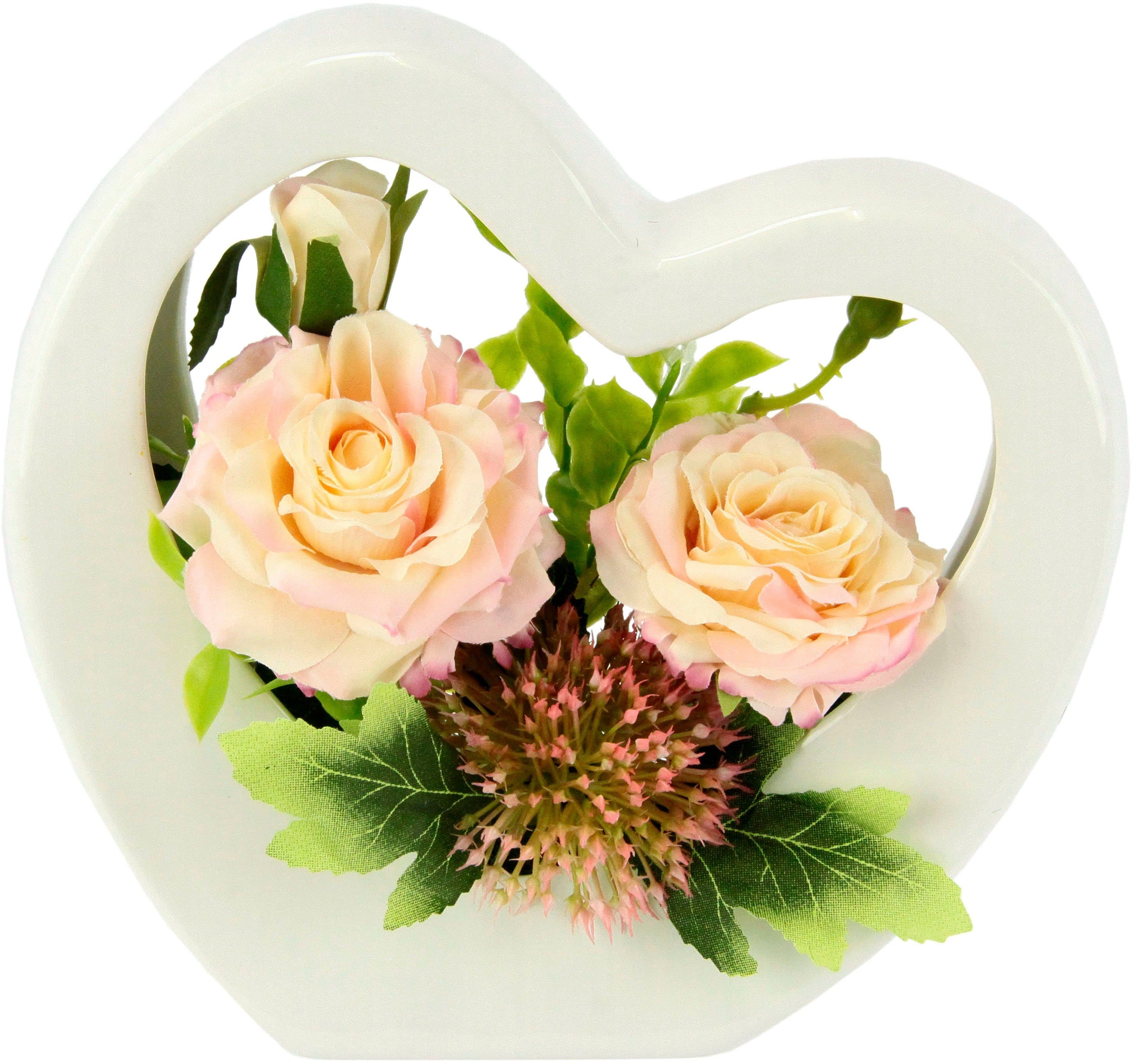 I.GE.A. Kunstblumenarrangement Rosa in Herz-Keramikvase