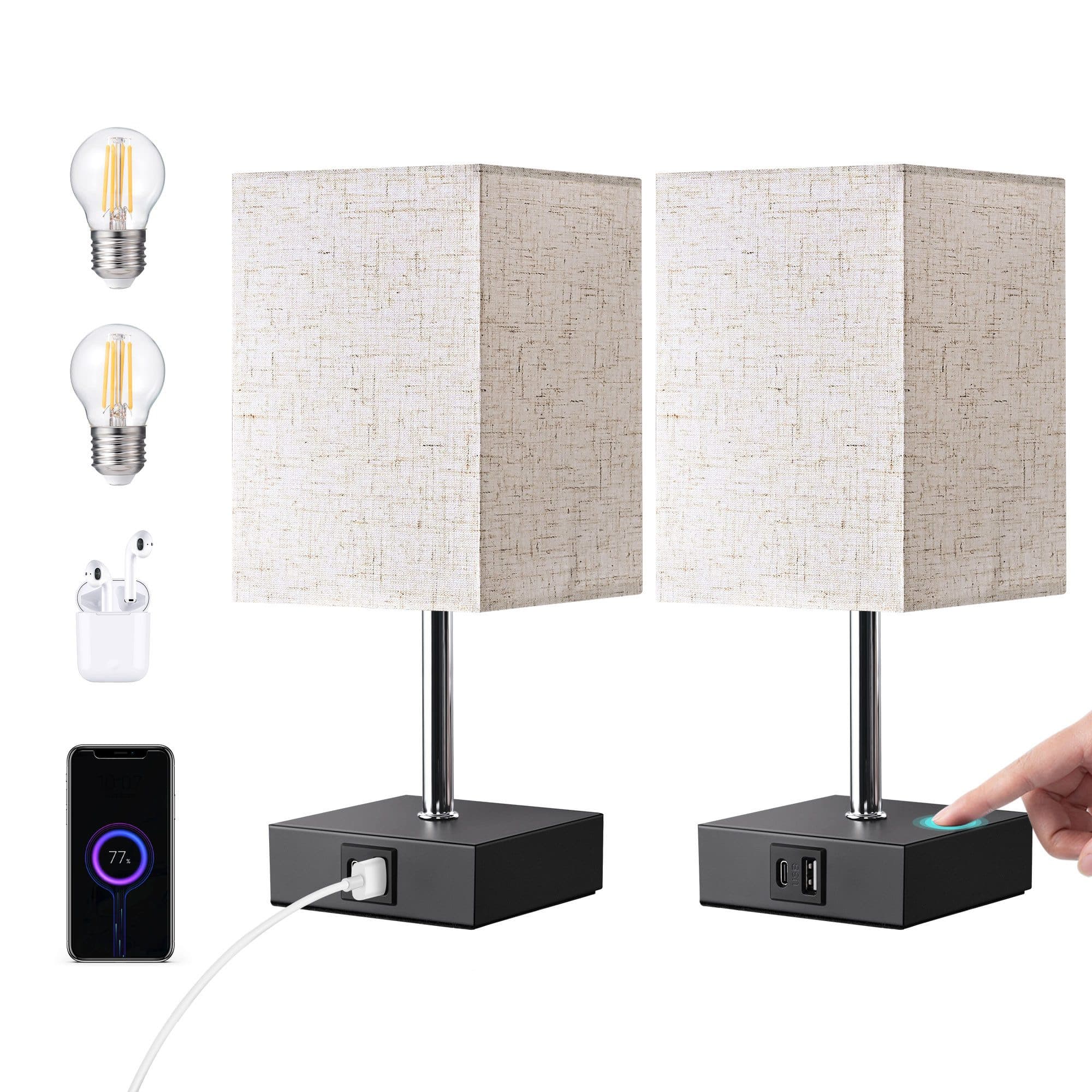 EDISHINE LED Nachttischlampe 2er-Set Touch Dimmbar Schwarz/Beige - Bild 2