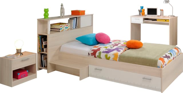 Jugendzimmer Set mit Bett, Schreibtisch & Nachtkonsole in Akazie/Weiß