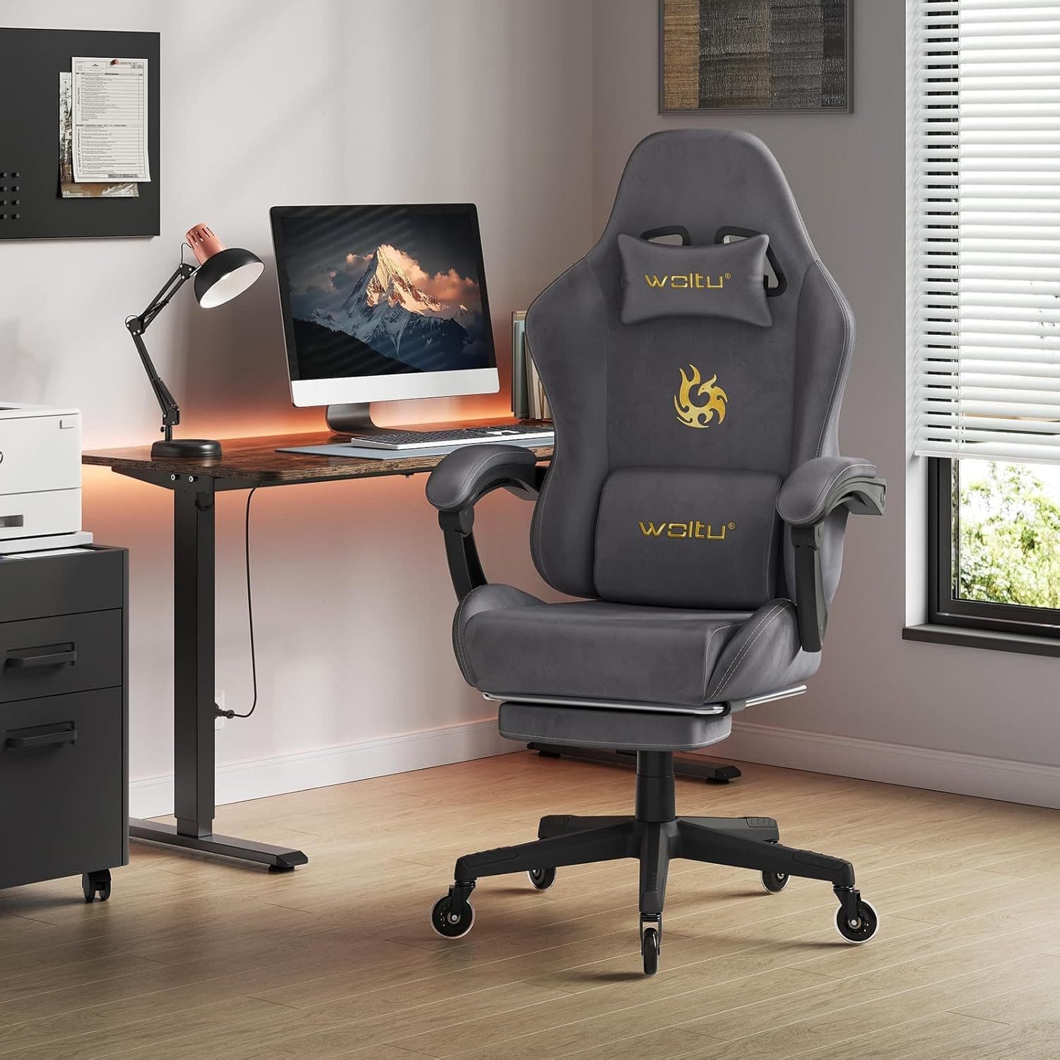 Woltu Gaming-Stuhl Ergonomisch mit Fußstütze und Verstellbarer Rückenlehne Grau - Bild 2