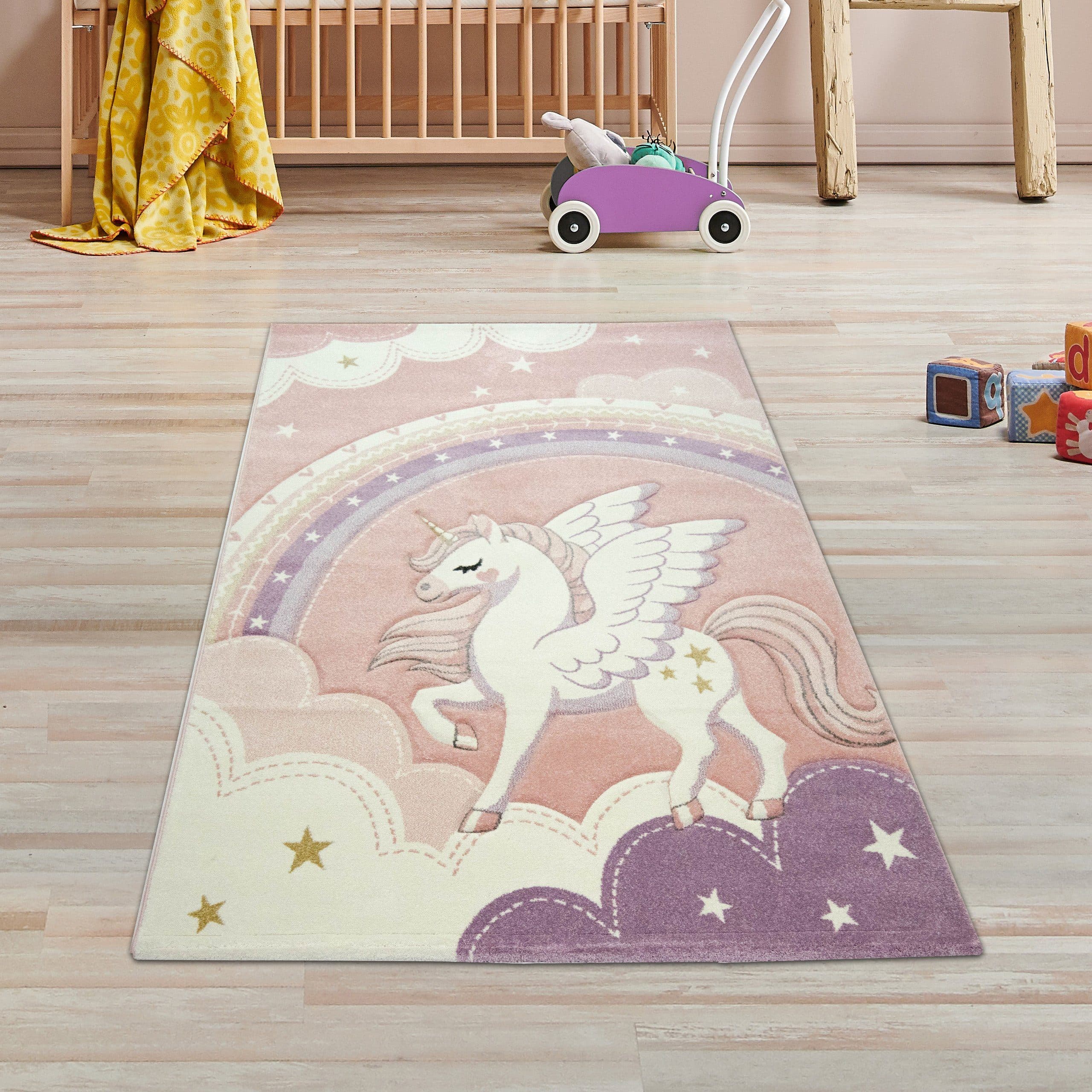 TeppichHome24 Kinderteppich Einhorn Regenbogen Creme Rosa Rechteckig - Bild 2