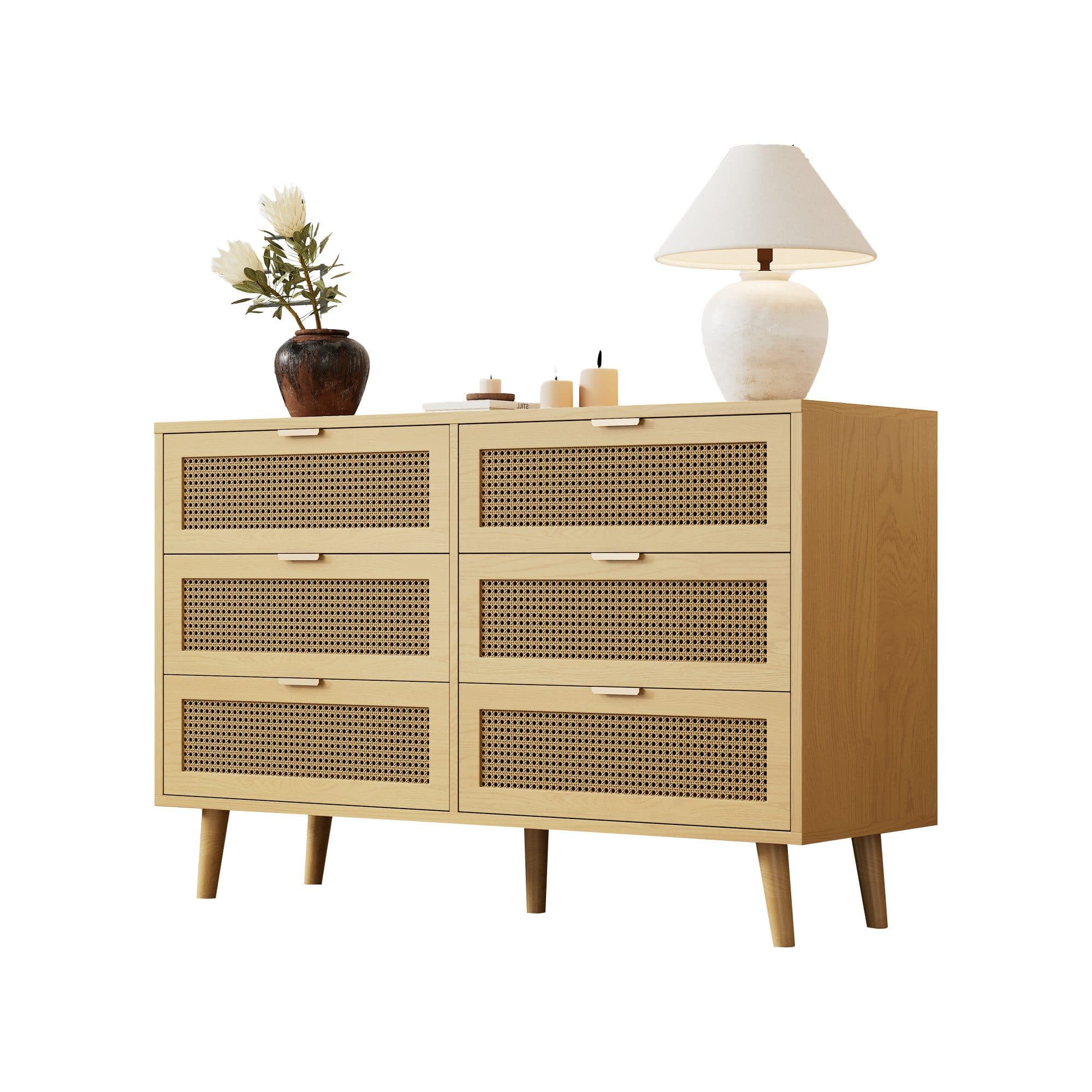 Merax Kommode 6 Schubladen Rattan Optik Massivholzbeine Braun - Bild 2