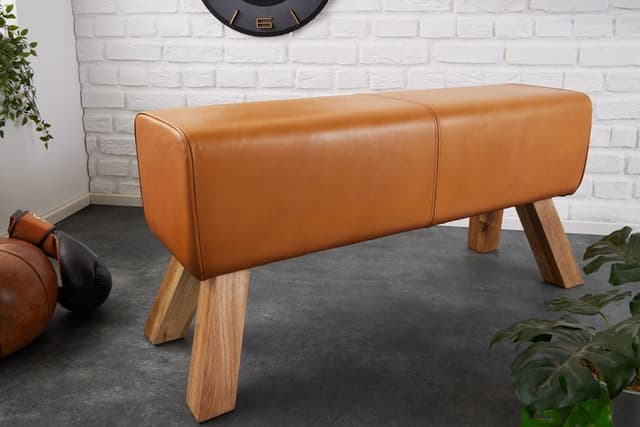 Massivholz Sitzbank mit Echtleder in Retro Design - Cognac/Natur