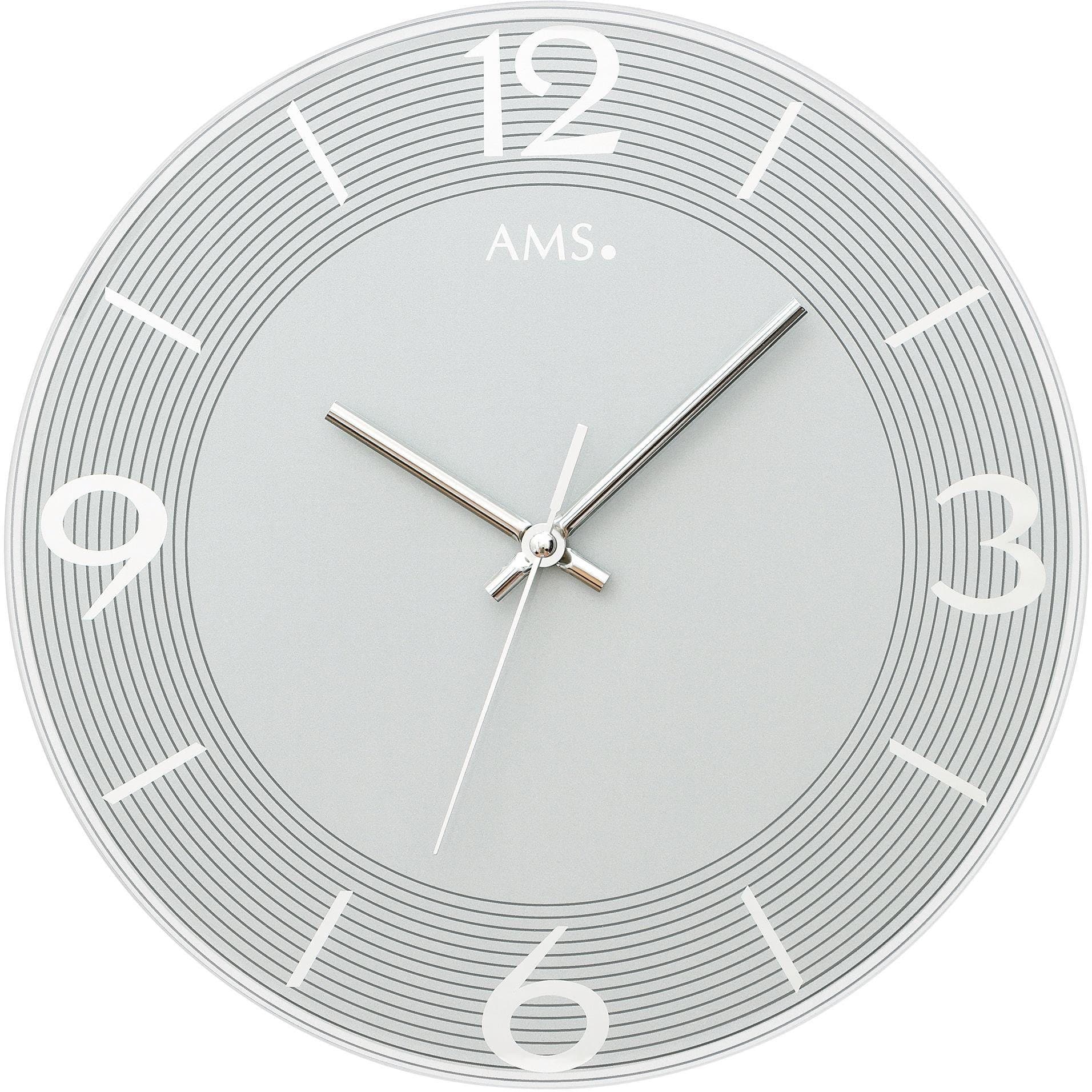 AMS Wanduhr W9571 Quarzuhr Glas Silberfarben