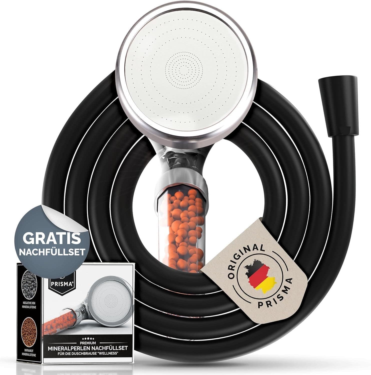 PRISMA Handbrause Wassersparender Filter Duschkopf mit Schlauch • MADE IN GERMANY, Wassersparend, 3 Strahlearten, Filterdusche