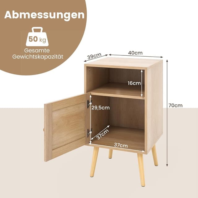 KOMFOTTEU Nachttisch mit Türschrank & offenem Regal in Naturholz