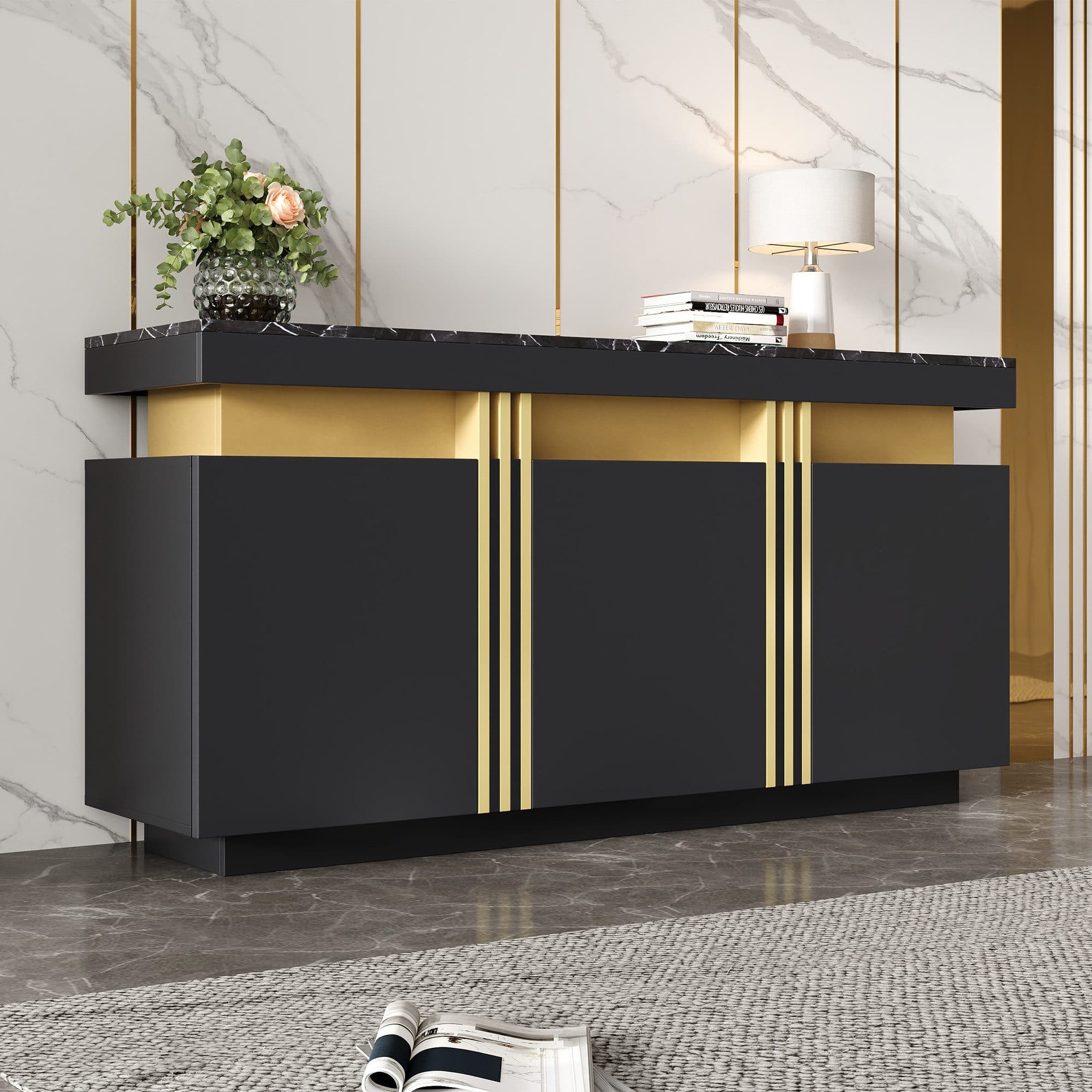 Merax Sideboard mit Marmoroptik 3 Türen Weiß/Schwarz - Bild 2