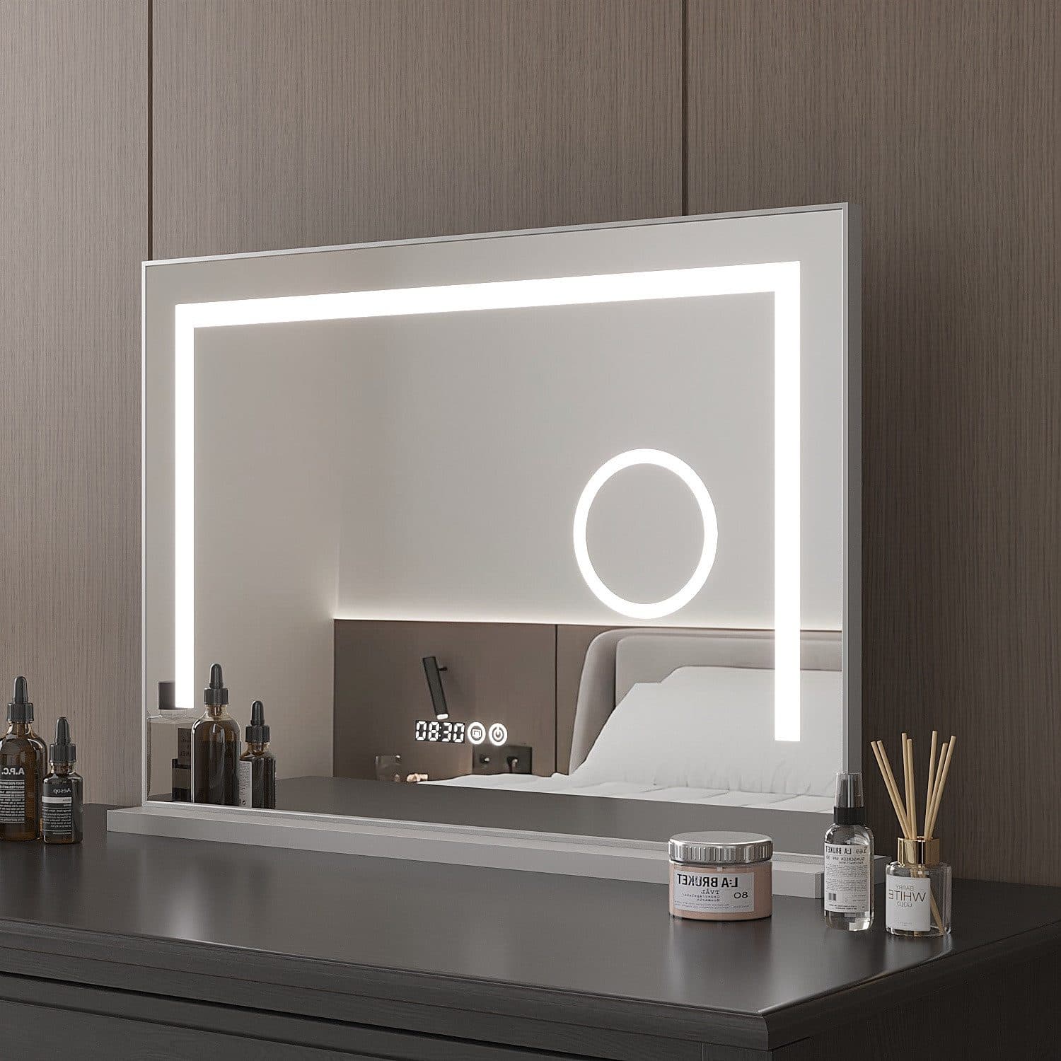 AQUALAVOS Schminkspiegel Kosmetikspiegel LED Schminkspiegel 70x50 cm/80x60 cm, Digital Uhr, 3 einstellbare Leuchten, mit deutscher Stecker - Bild 2