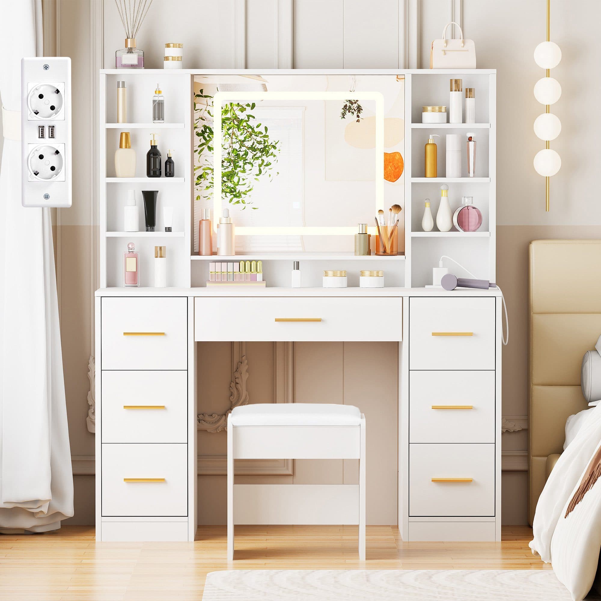 BEWISHOME Schminktisch mit Spiegel und Hocker, 7 Schubladen, LED-Beleuchtung - Bild 2