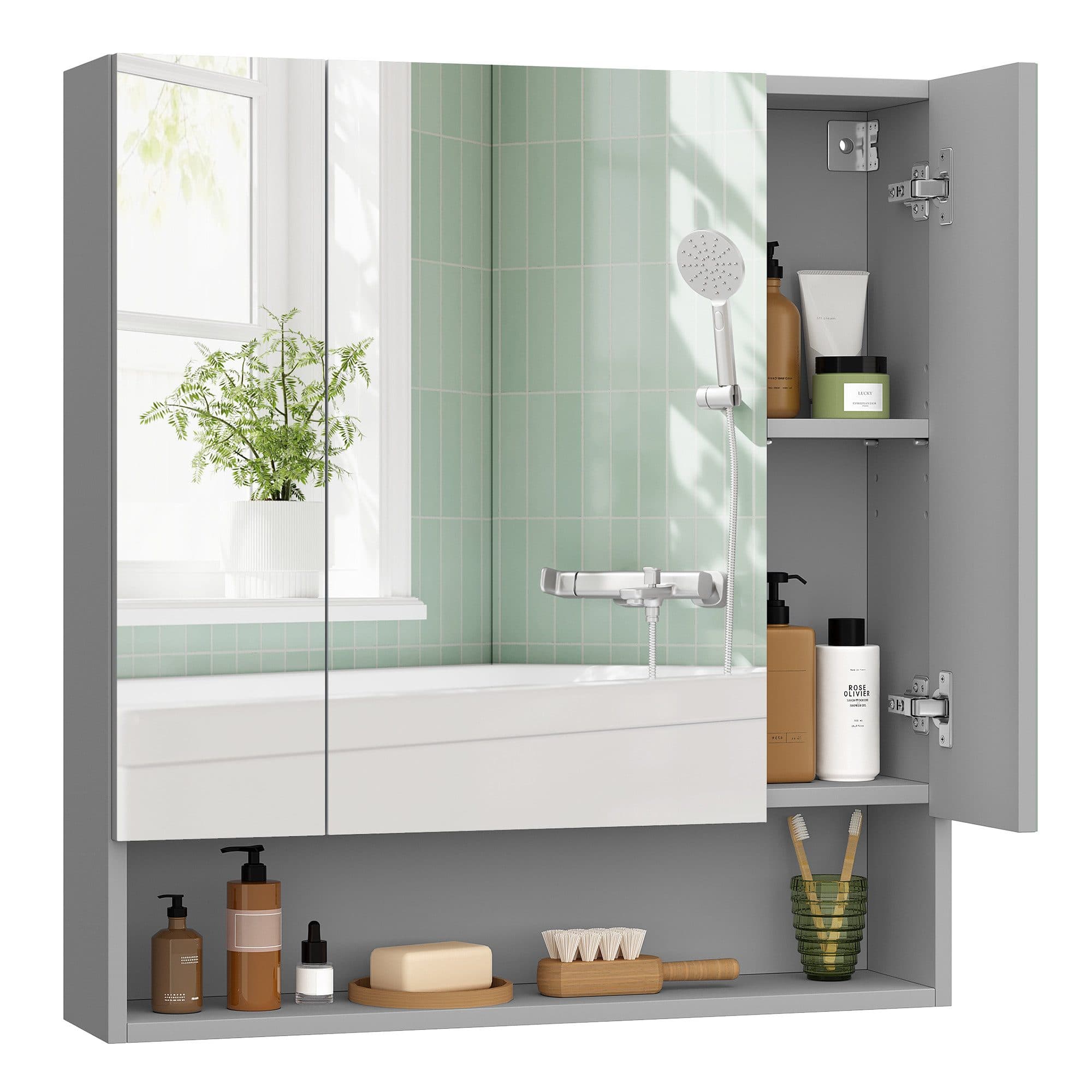VASAGLE Spiegelschrank Badschrank 70-90cm 3 Türen Wolkenweiß/Taubengrau - Bild 2