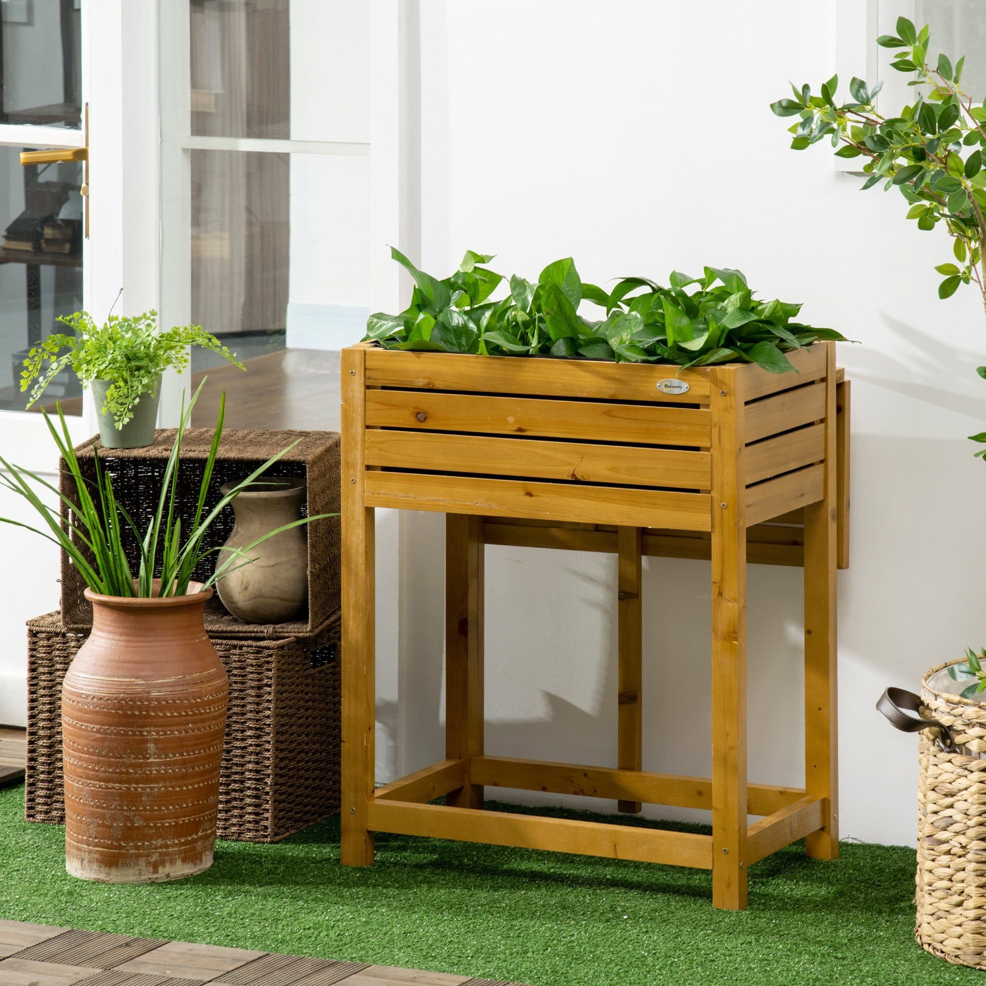 Outsunny Hochbeet mit klappbarer Seitenwand und Vlies-Innenverkleidung, Braun - Bild 2