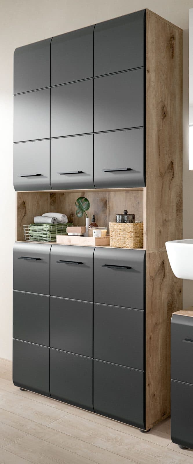 Inn.Furn Hochschrank Cover 6-türiger Bad- und Mehrzweckschrank Schwarz und Eiche - Bild 2
