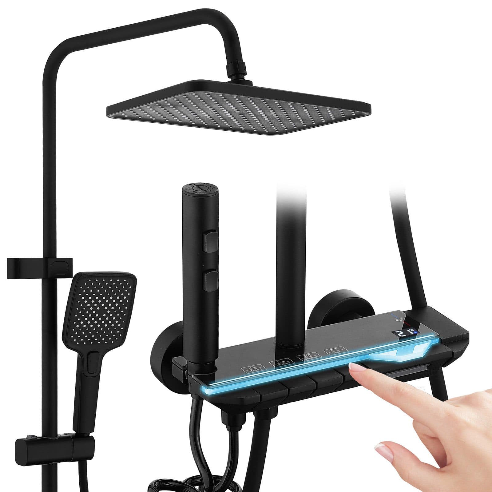 HOMELIVE Brausegarnitur Duschsystem Warm/Kalt Klaviertasten Digital Temperaturanzeige 3 Strahlarten Handbrause Wasserfallauslauf Höhenverstellbar Schwarz - Bild 2