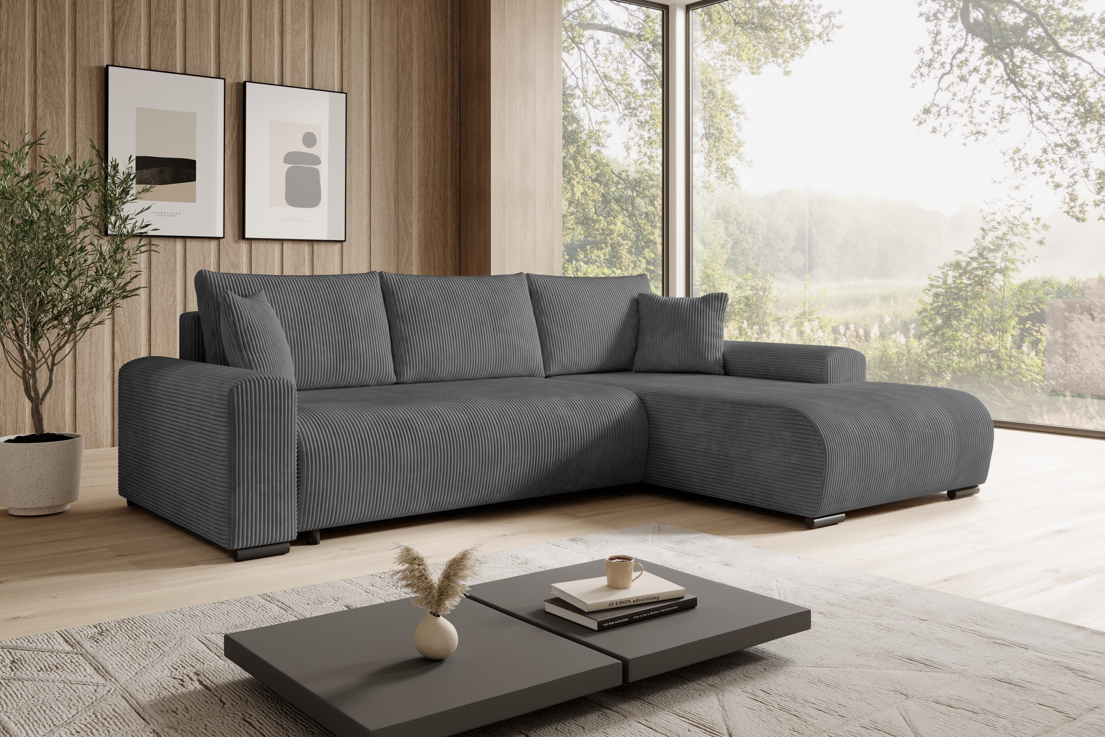 storez24 Ecksofa Ellen L-Form mit Schlaffunktion und Bettkasten Grau Cordstoff - Bild 2