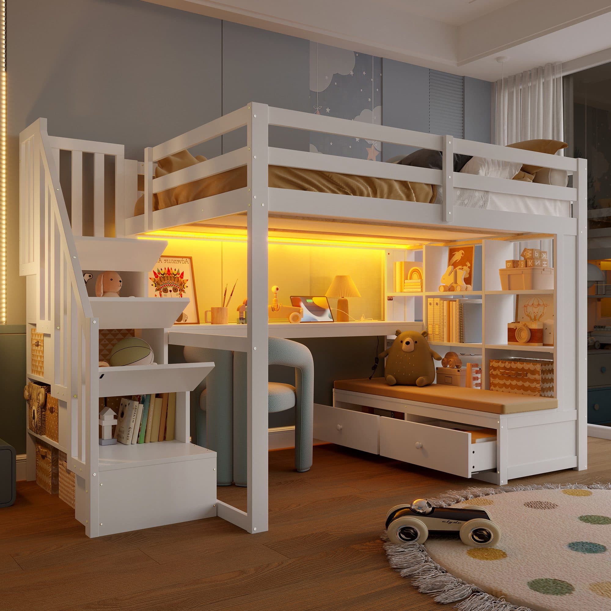 Flieks Hochbett Kinderbett mit LED, Stauraumtreppe, Schreibtisch - Bild 2