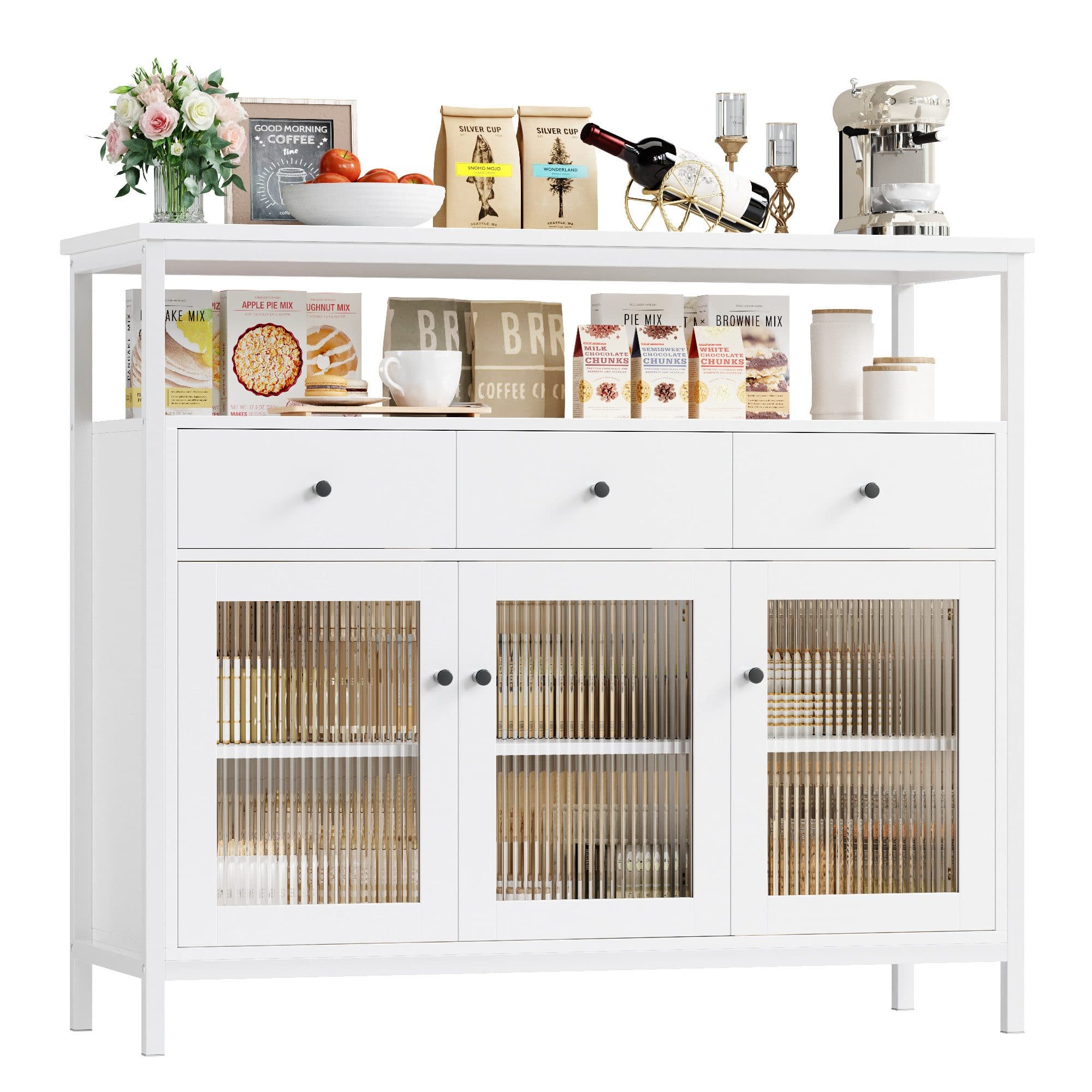 Homfa Sideboard Küchenschrank mit Glastüren und Schubladen, Weiß - Bild 2