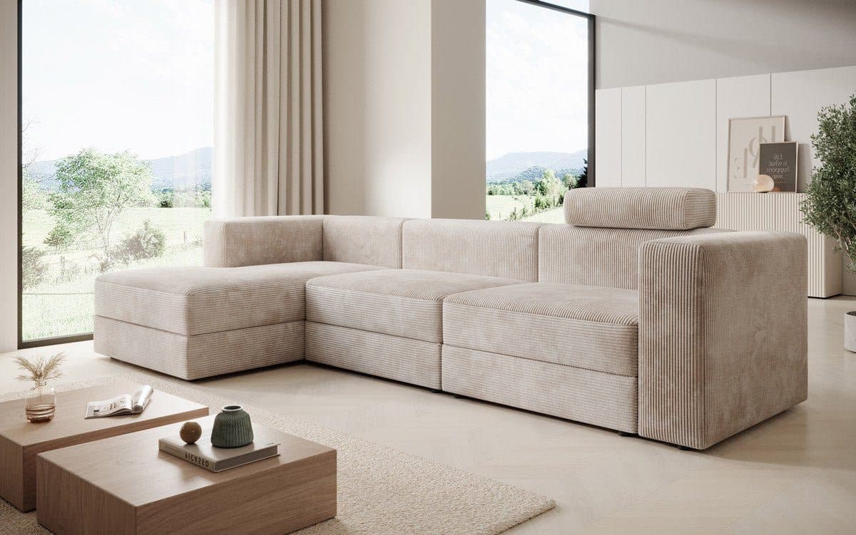 Luxusbetten24 Designer Sofa Stockholm Cord Beige mit Stauraum