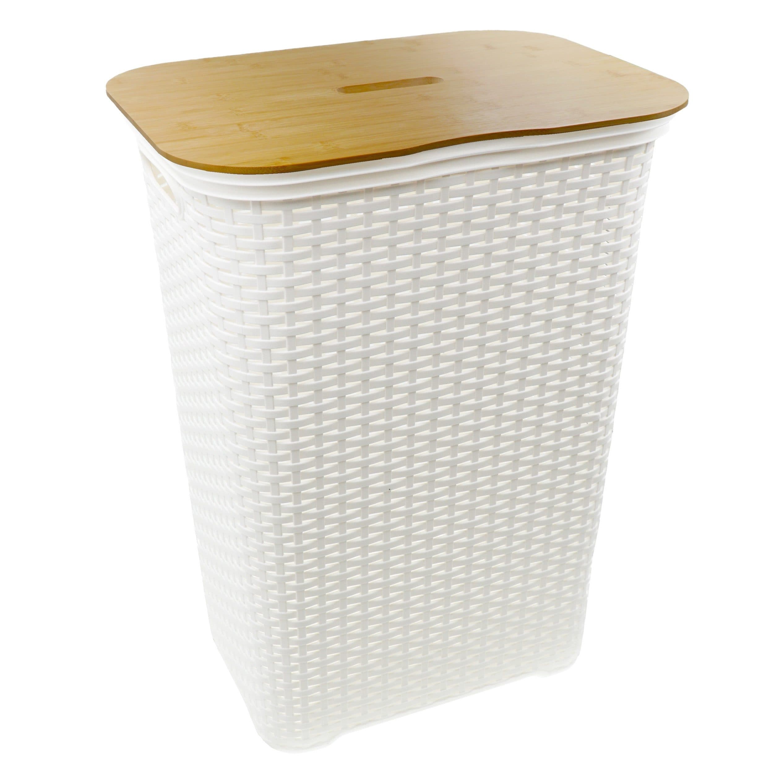 hrb Wäschekorb mit Bambusdeckel 65L Weiß Rattanoptik