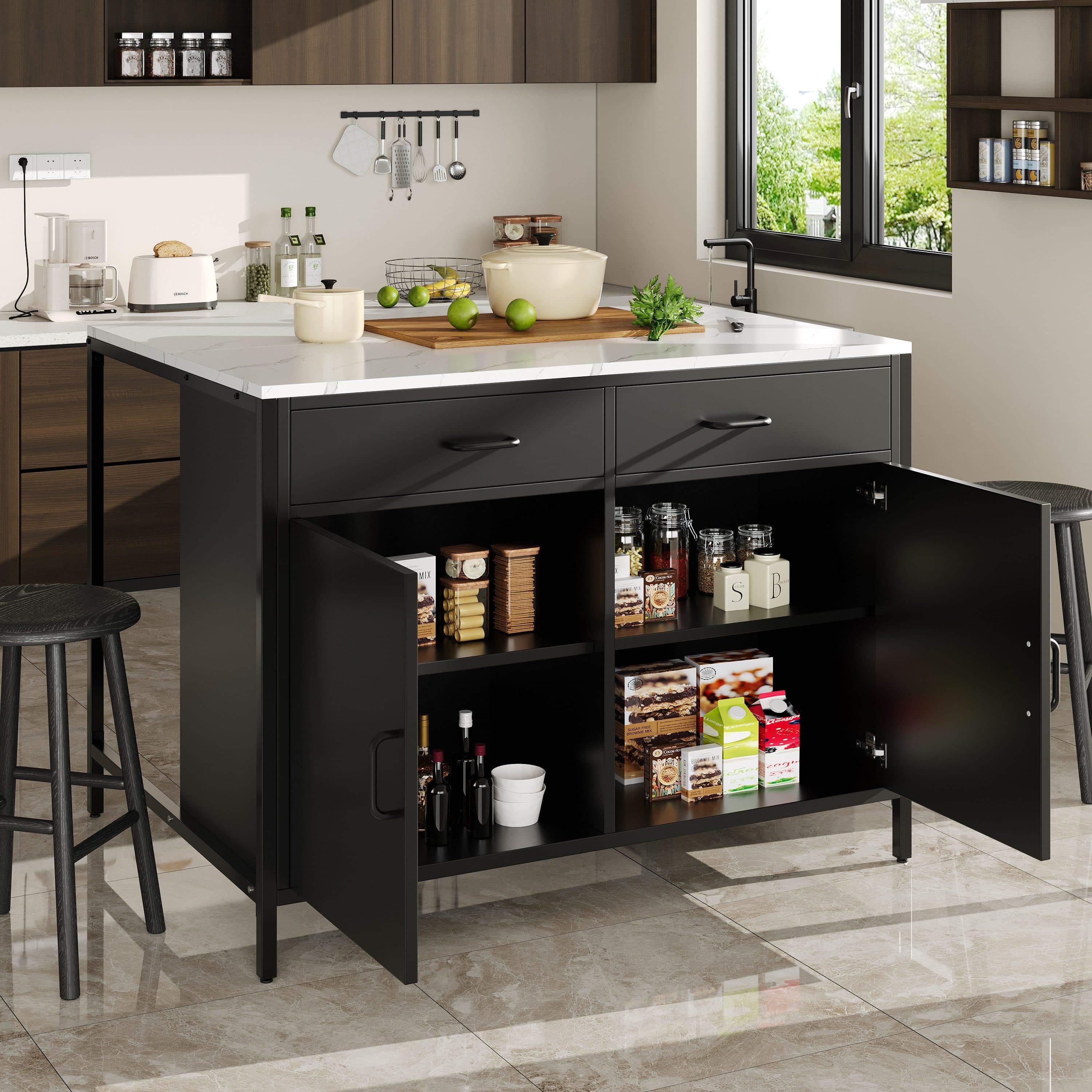 Flieks Stehtisch Bartisch/Küchenschrank mit 2 Schubladen und Türen, Weiß, Schwarz - Bild 2