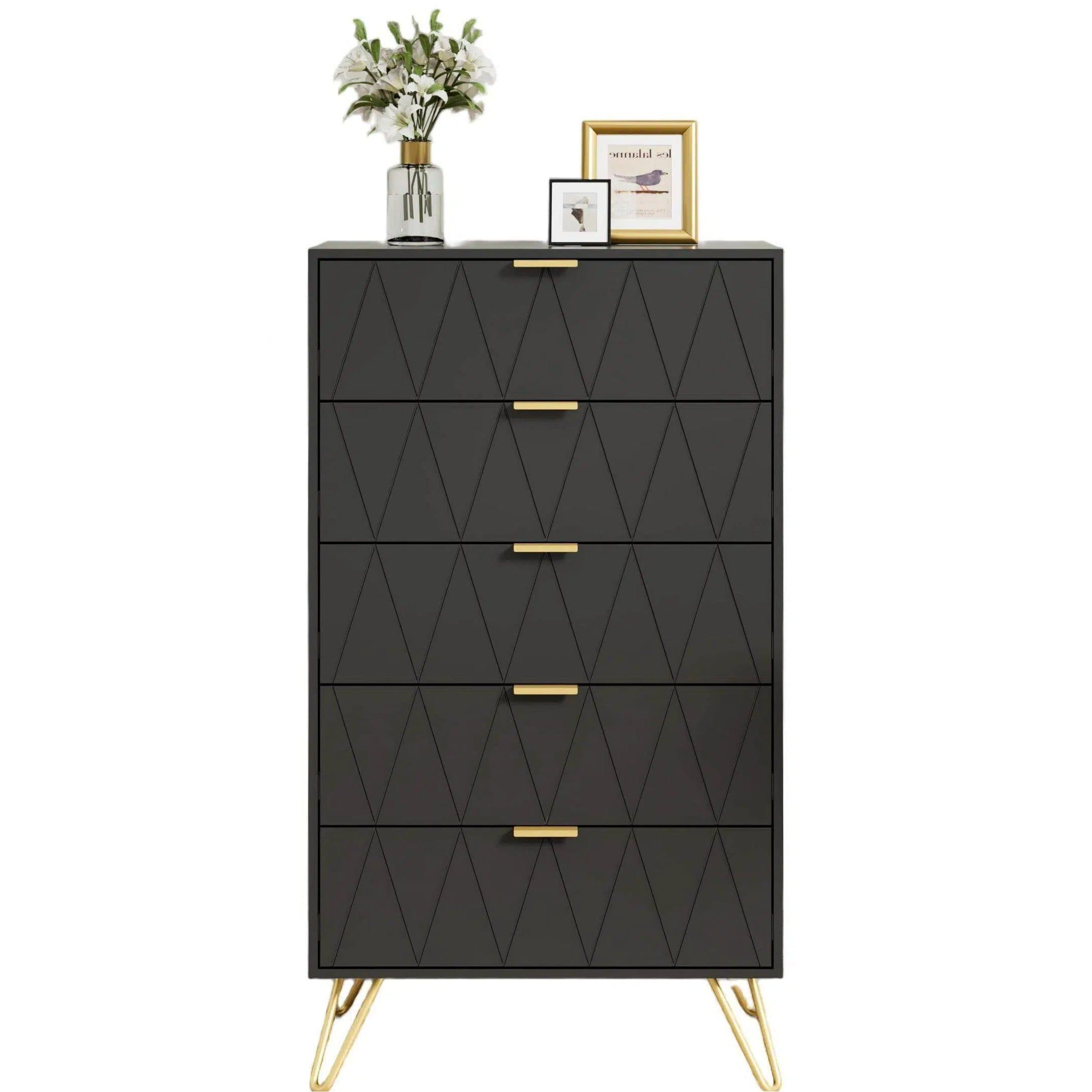 UEV Kommode mit 5 Schubladen, Highboard, Schmal Beistellschrank Schwarz - Bild 2