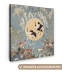 OneMillionCanvasses® Leinwandbild Kraniche - Mond - Blumen - Blau, Fotodruck Wandbild Deko Schlafzimmer Wohnzimmer Flur Bild 2