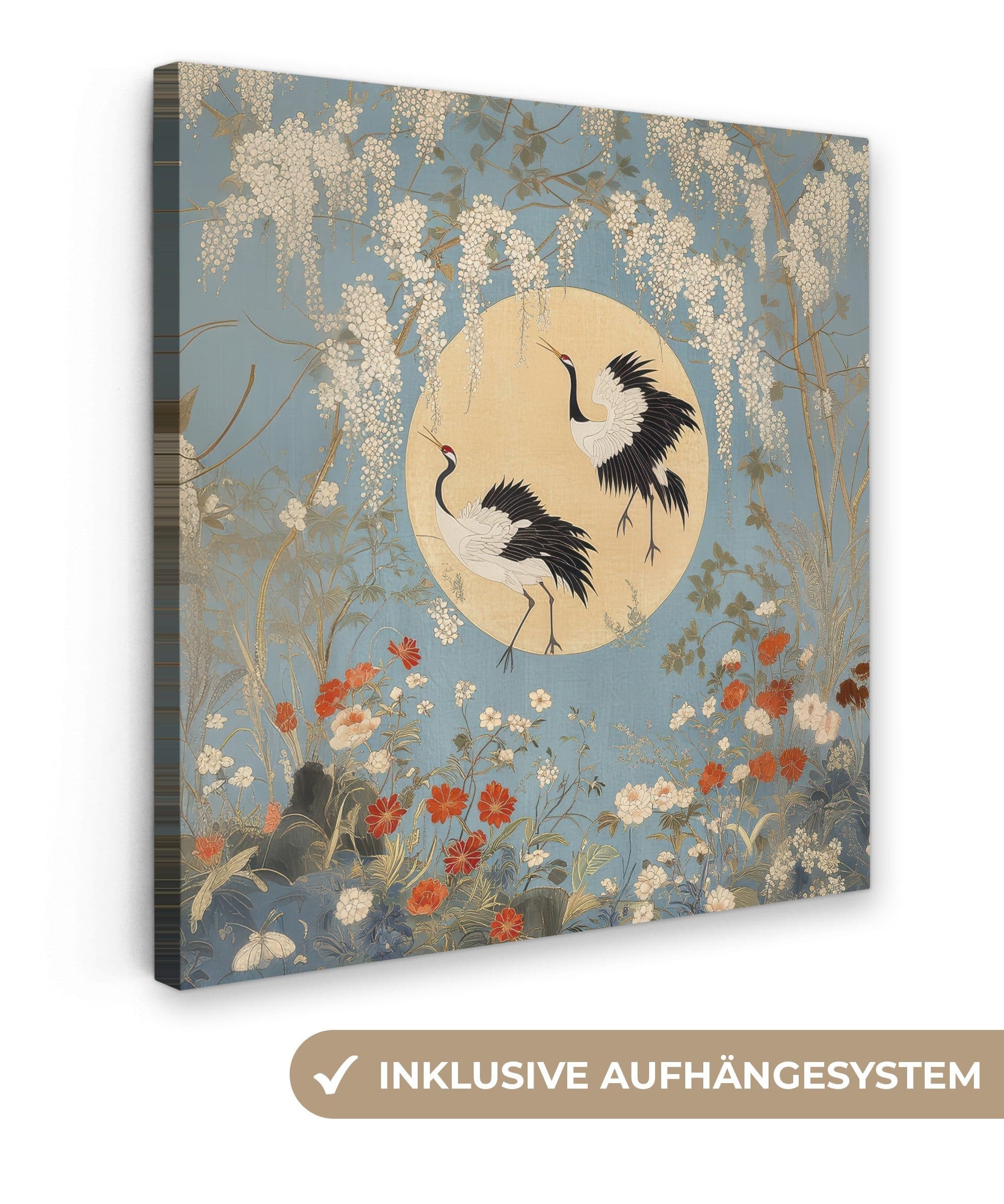 OneMillionCanvasses® Leinwandbild Kraniche - Mond - Blumen - Blau, Fotodruck Wandbild Deko Schlafzimmer Wohnzimmer Flur - Bild 2