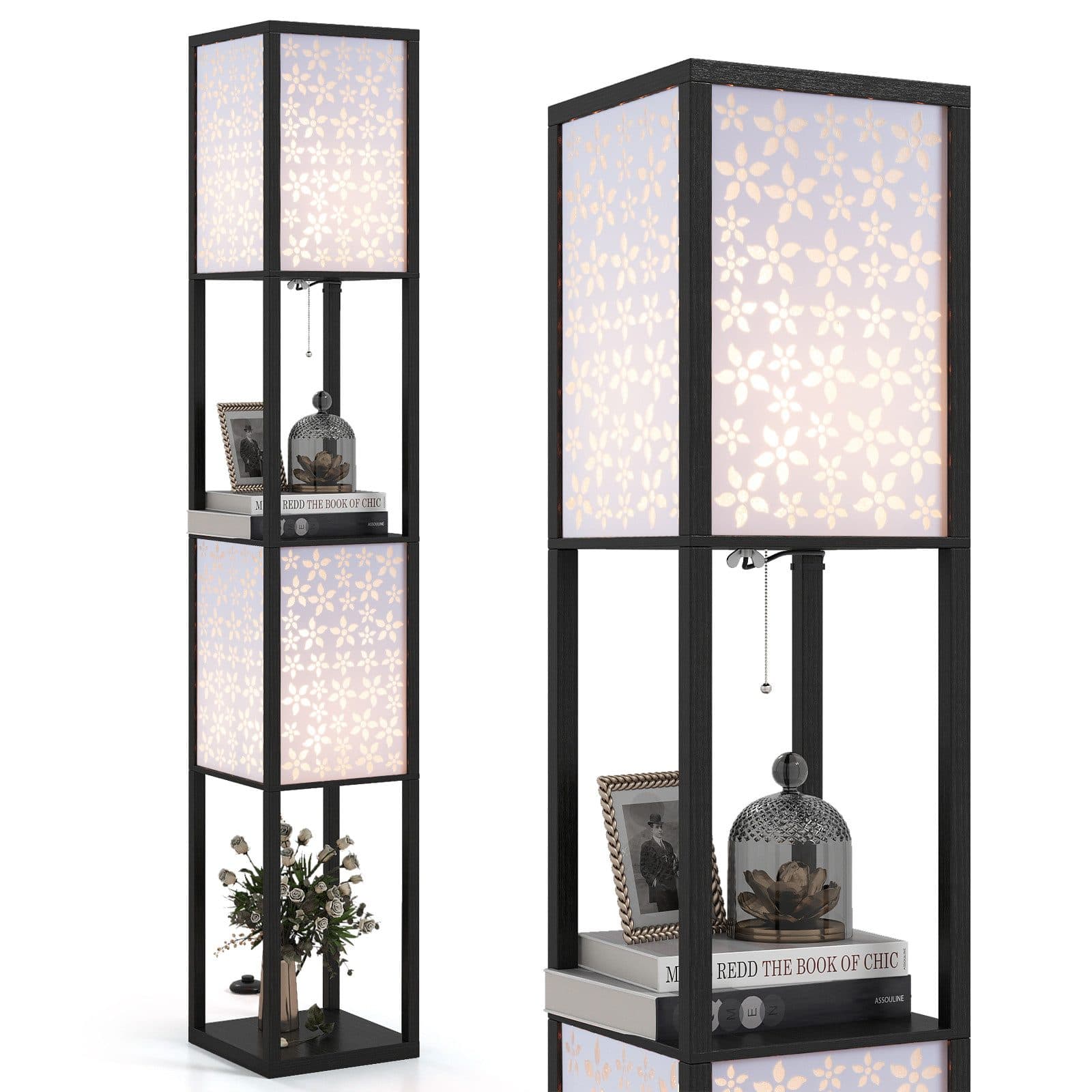 COSTWAY Stehlampe 156cm Holzregal Fußschalter Schwarz - Bild 2