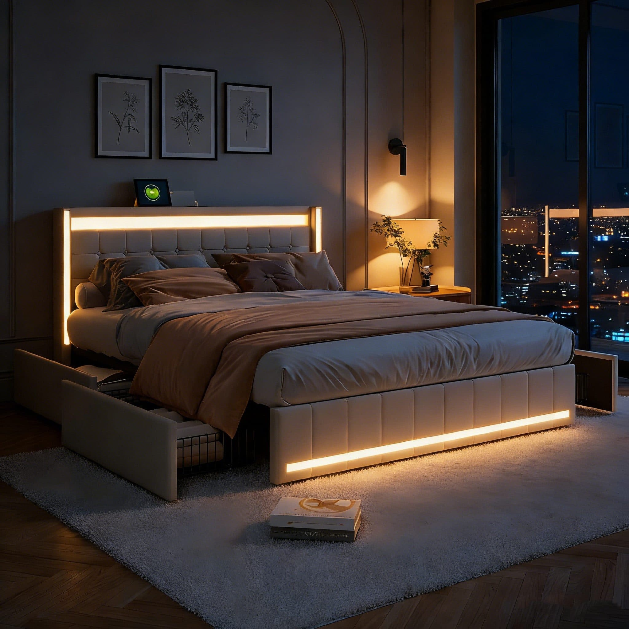 PXloue Polsterbett LED mit Schubladen Beige - Bild 2
