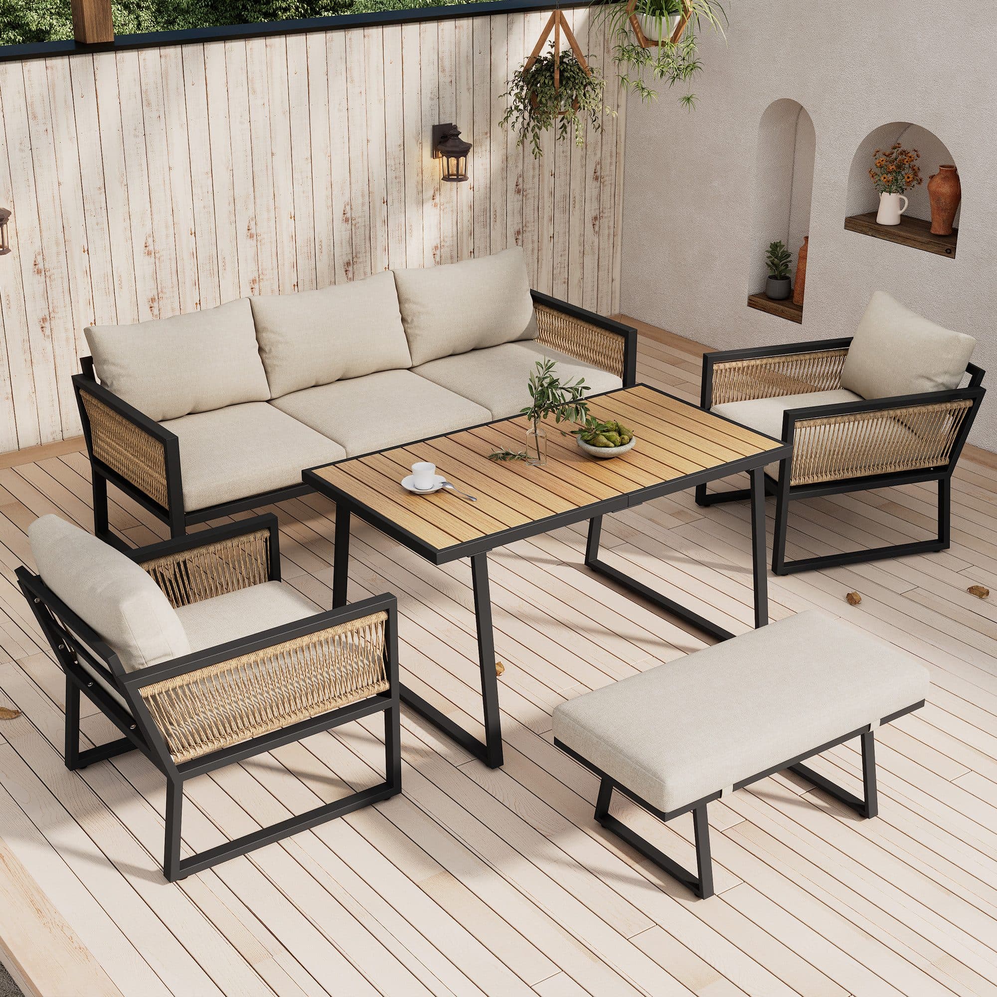 Merax Gartenlounge-Set 5-tlg. Beige mit Seil-Armlehnen - Bild 2