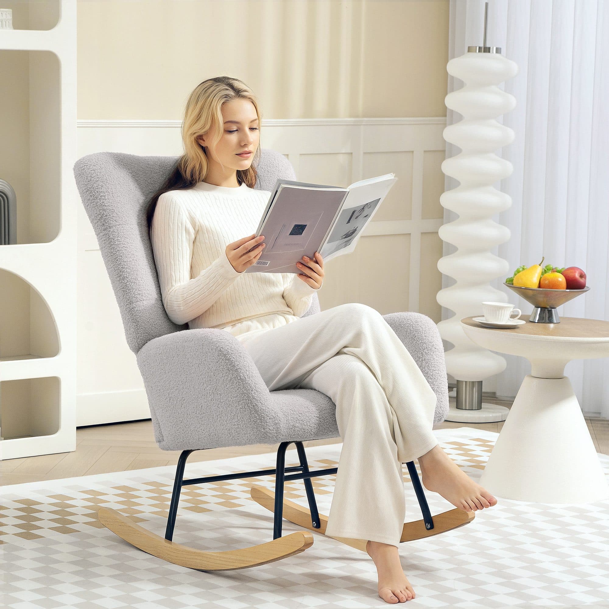 HOMCOM Schaukelstuhl Grau Teddysamt mit Armlehne Relaxsessel - Bild 2