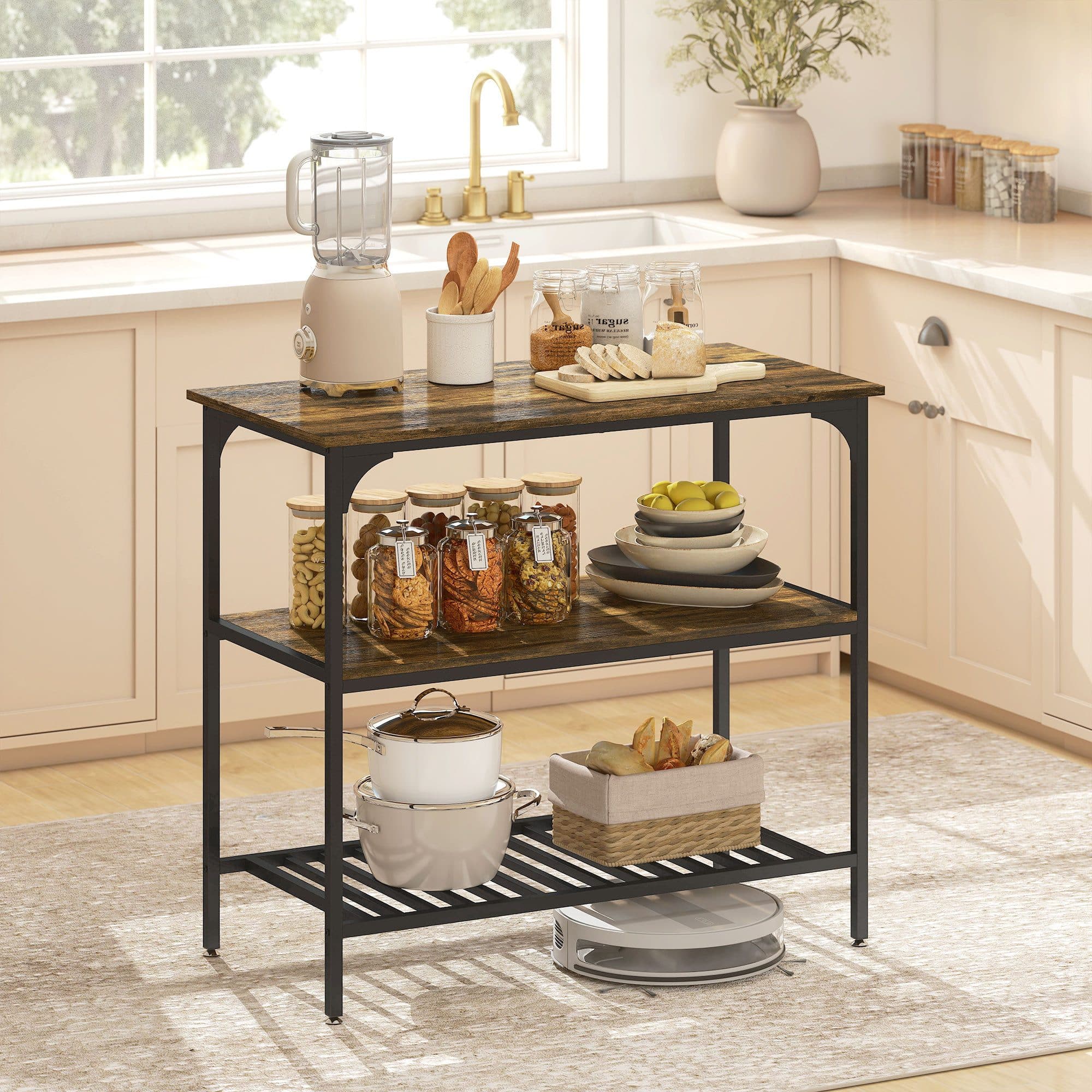 HOMCOM Küchenregal Industrielles Bäckerregal mit großer Arbeitsplatte, Stahlrahmen, 3-stufiges Standregal 1-tlg., für Esszimmer, Küche, Wohnzimmer, Rustikal-Braun - Bild 2