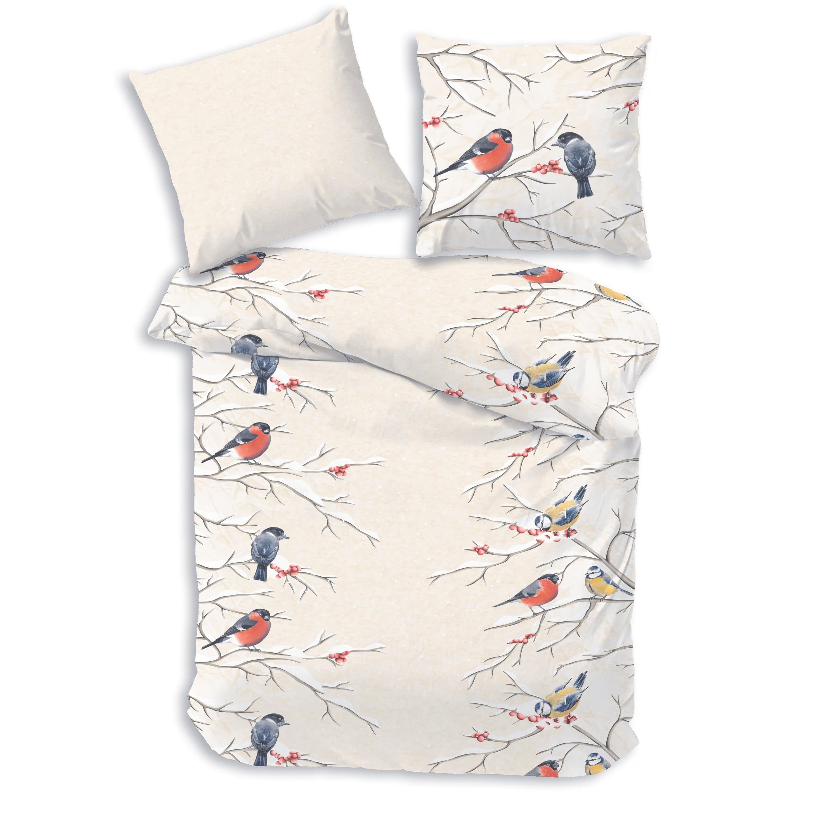 Träumschön Bettwäsche Biber Creme Beige Wintervogel Motiv 100% Baumwolle - Bild 2