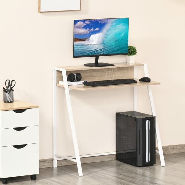 Metall-Bürotisch mit Ablagefach - Weiß & Eiche