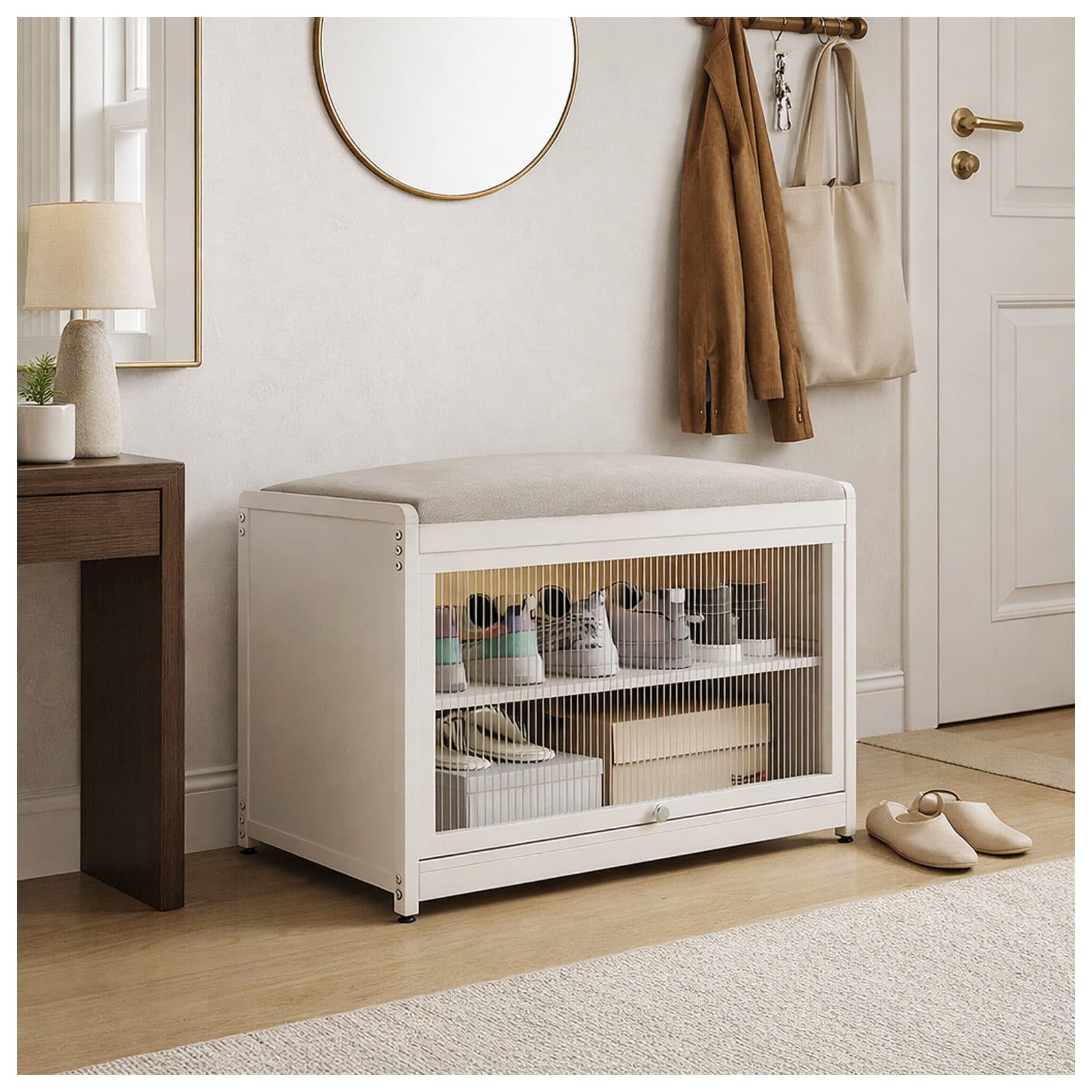 HTI-Living Schuhschrank mit Schiebetür und Sitzkissen Beige - Bild 2