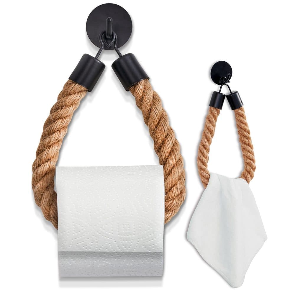 HENNEZ Toilettenpapierhalter ohne Bohren - Naturjute-Seil - Mattschwarz - Bild 2