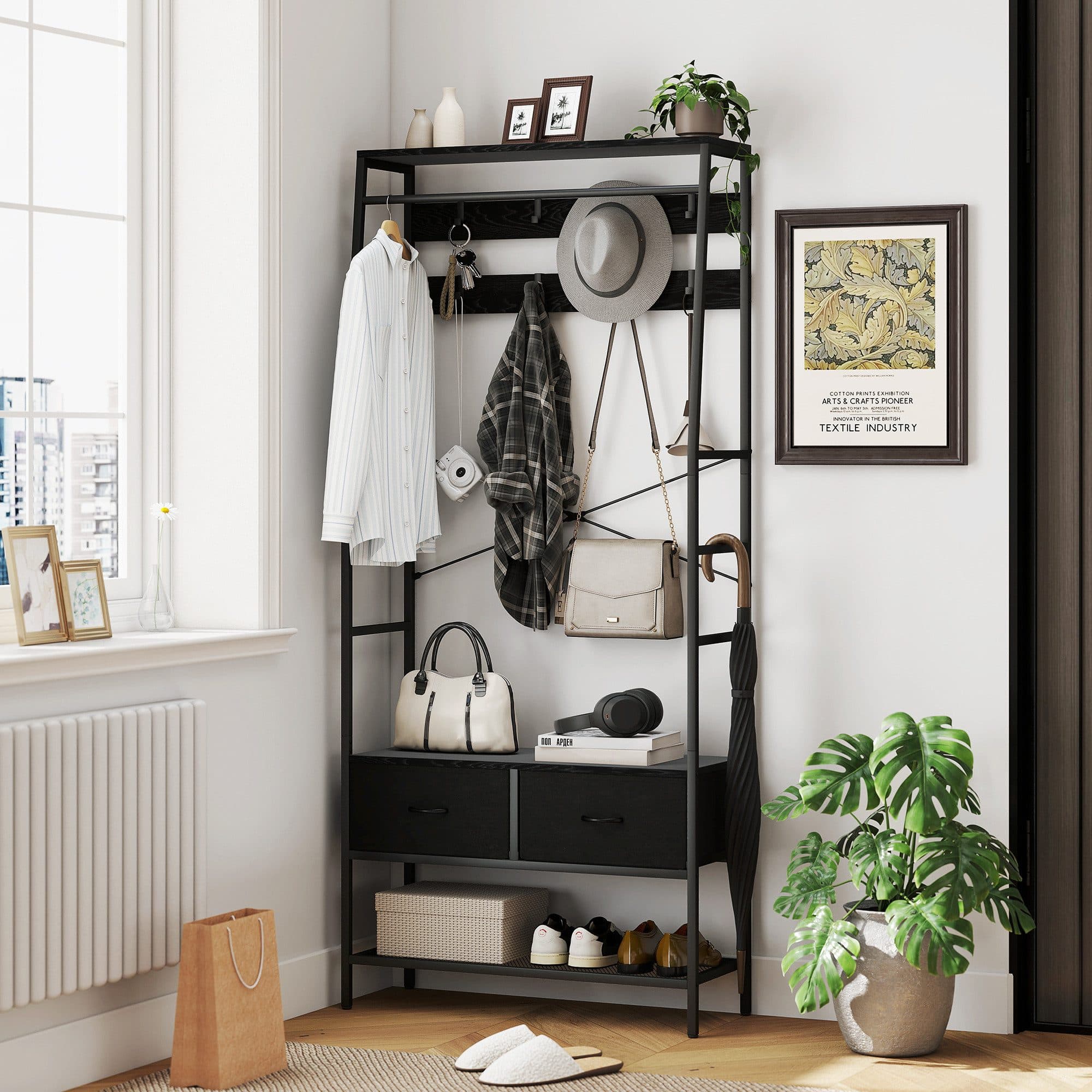 HOMCOM Garderobenständer mit Schuhregal, 2 Schubladen, 8 Haken, Ablage, Kleiderständer, Schwarz - Bild 2