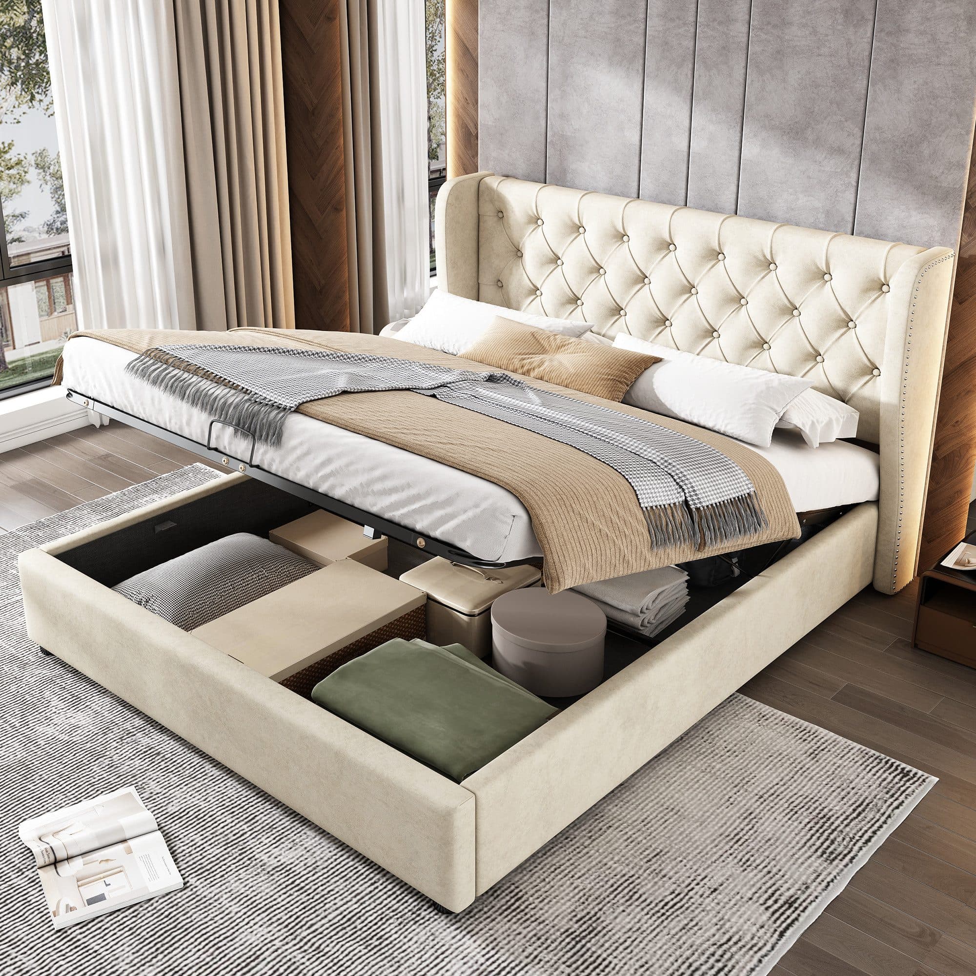 REDOM Polsterbett mit Stauraum und Matratze Beige Samt - Bild 2