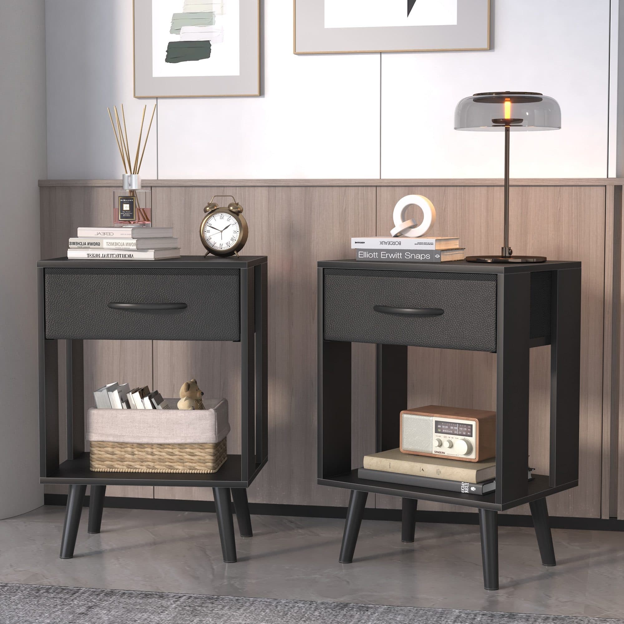OYRREU Nachttisch Set 2-tlg. Schwarz/Weiß Holzoptik mit Schubladen - Bild 2