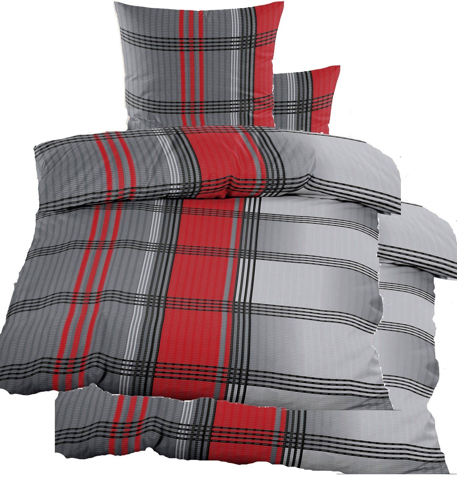KH-Haushaltshandel Bettwäsche 4-tlg. Seersucker Bettwäsche 135x200 + 80x80 cm Rot/Grau/Schwarz - Bild 2