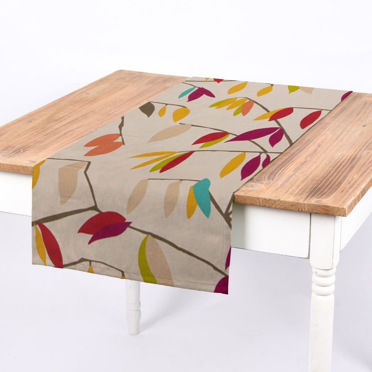 SCHÖNER LEBEN. Tischläufer Beige mit Blättern Braun Grün Rot Handmade - Bild 2