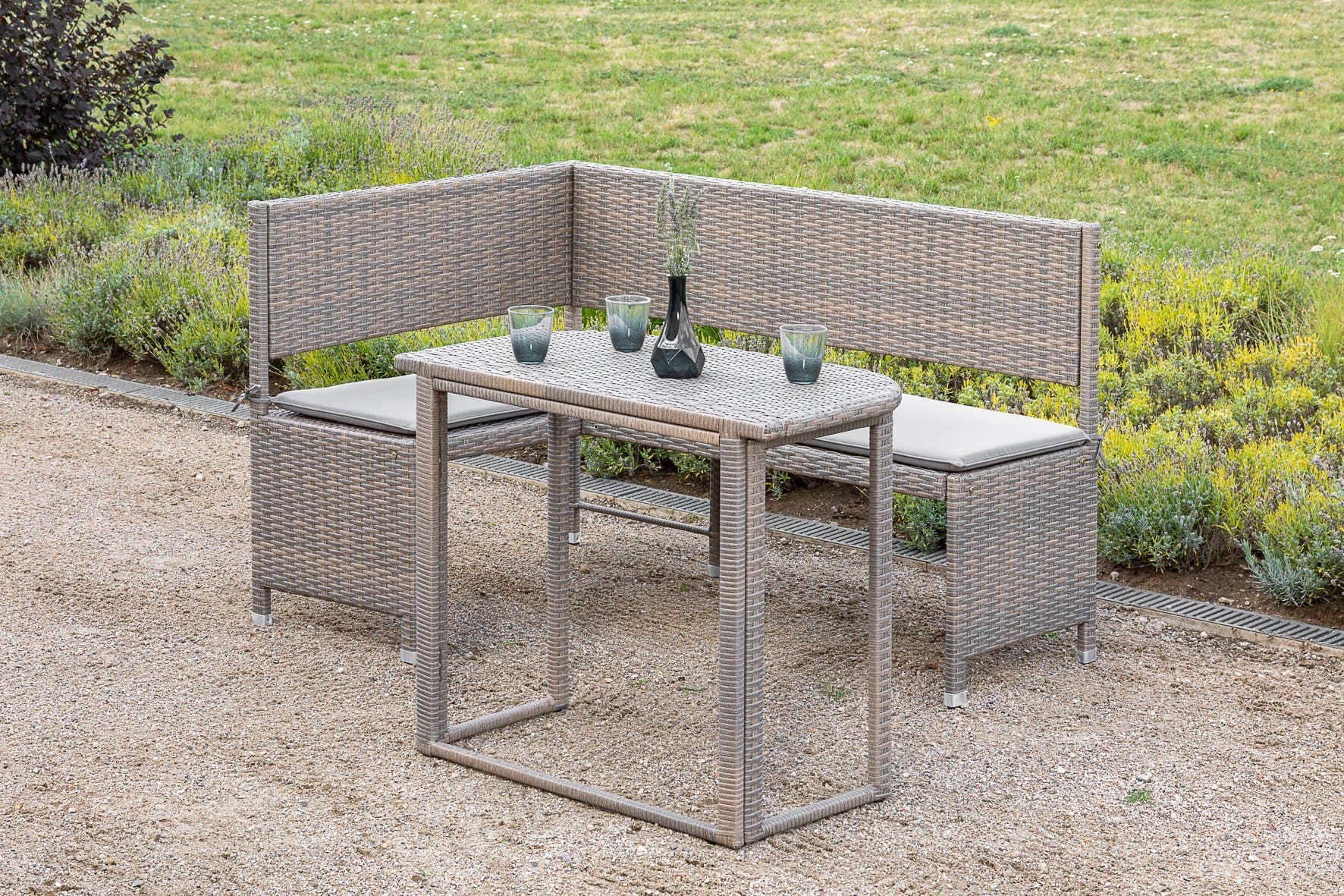 Merxx Balkonset Grau Beige Poly Rattan Eckbank mit Tisch