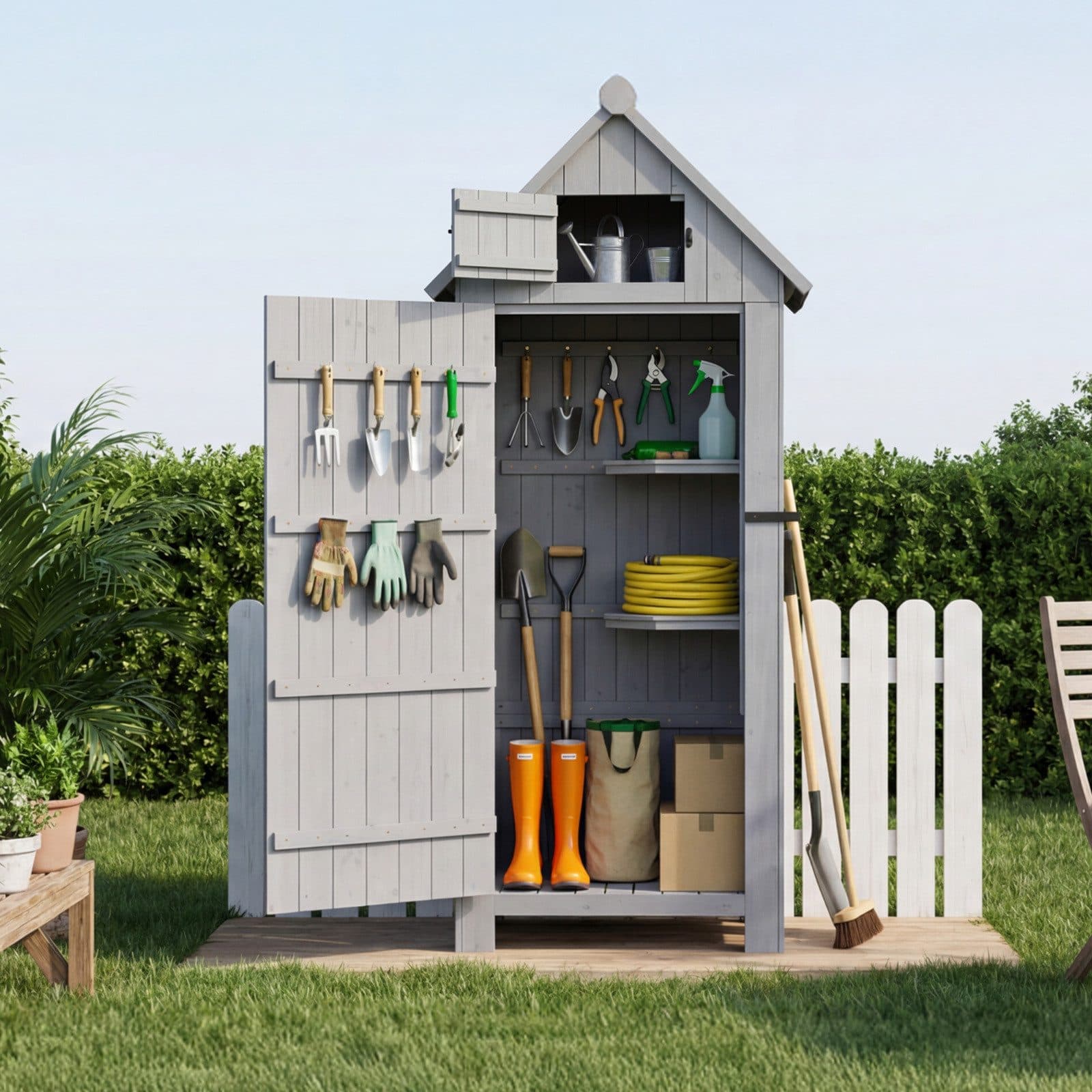 HOMAVO Gerätehaus Gartenschrank Tannenholz Grau mit 3 Böden - Bild 2
