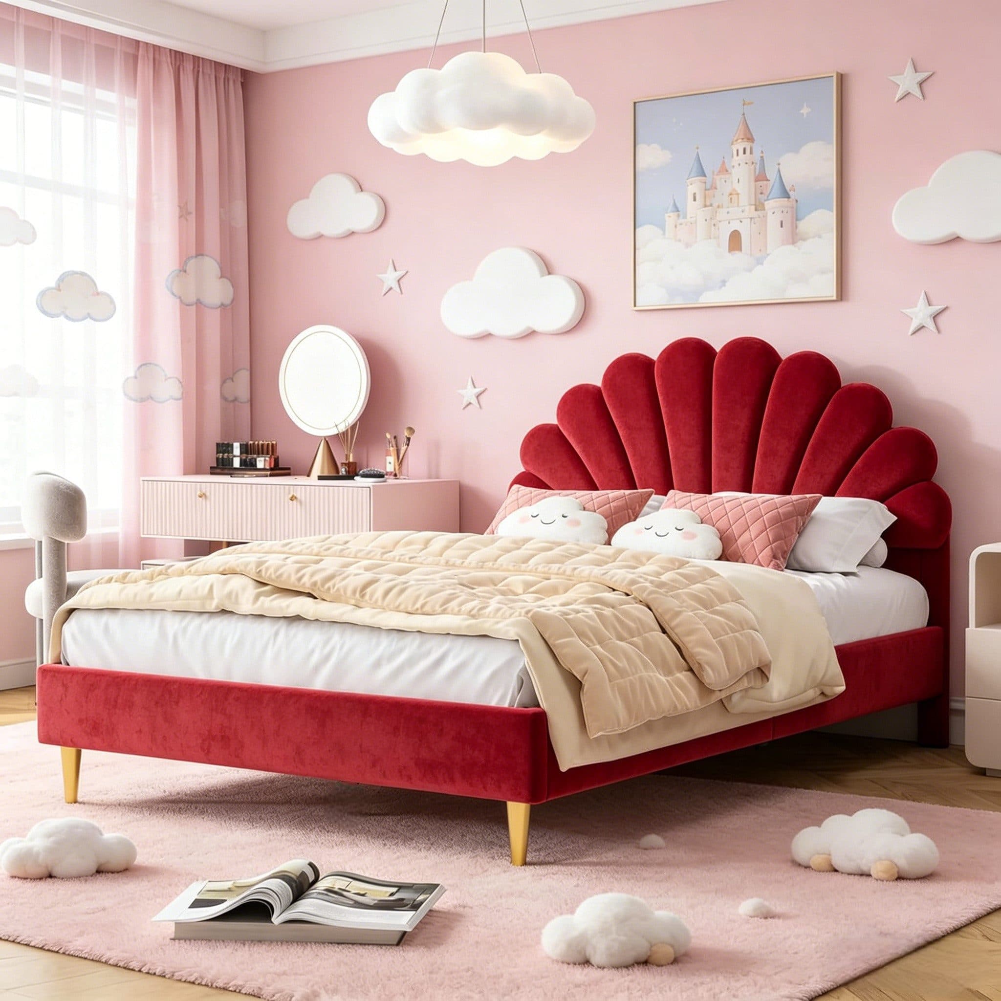 PXloue Polsterbett Rosa mit LED und Muschel-Kopfteil - Bild 2